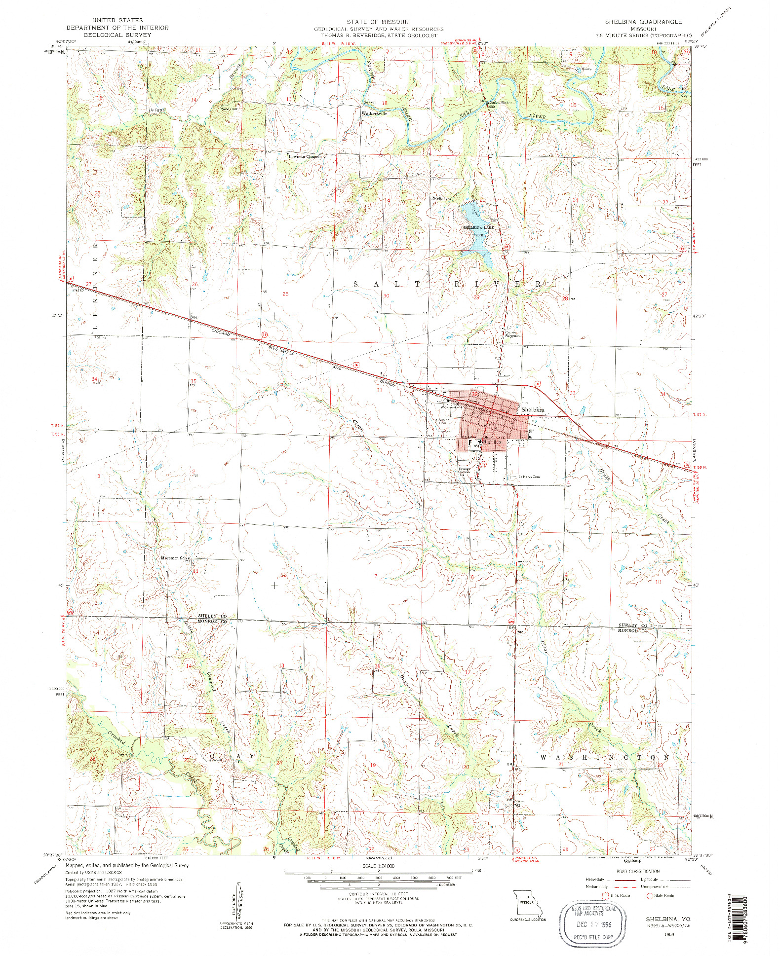 USGS 1:24000-SCALE QUADRANGLE FOR SHELBINA, MO 1959