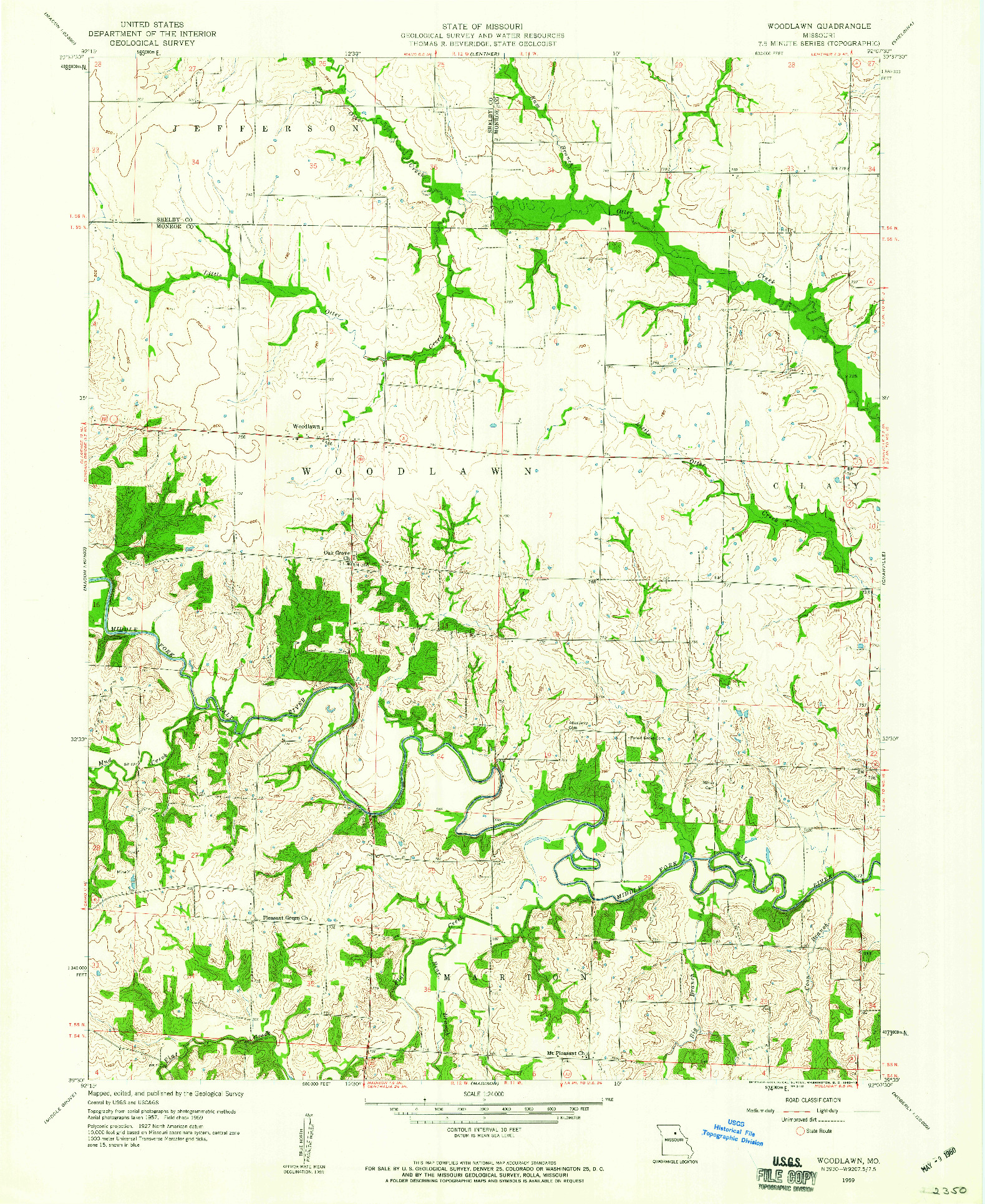 USGS 1:24000-SCALE QUADRANGLE FOR WOODLAWN, MO 1959