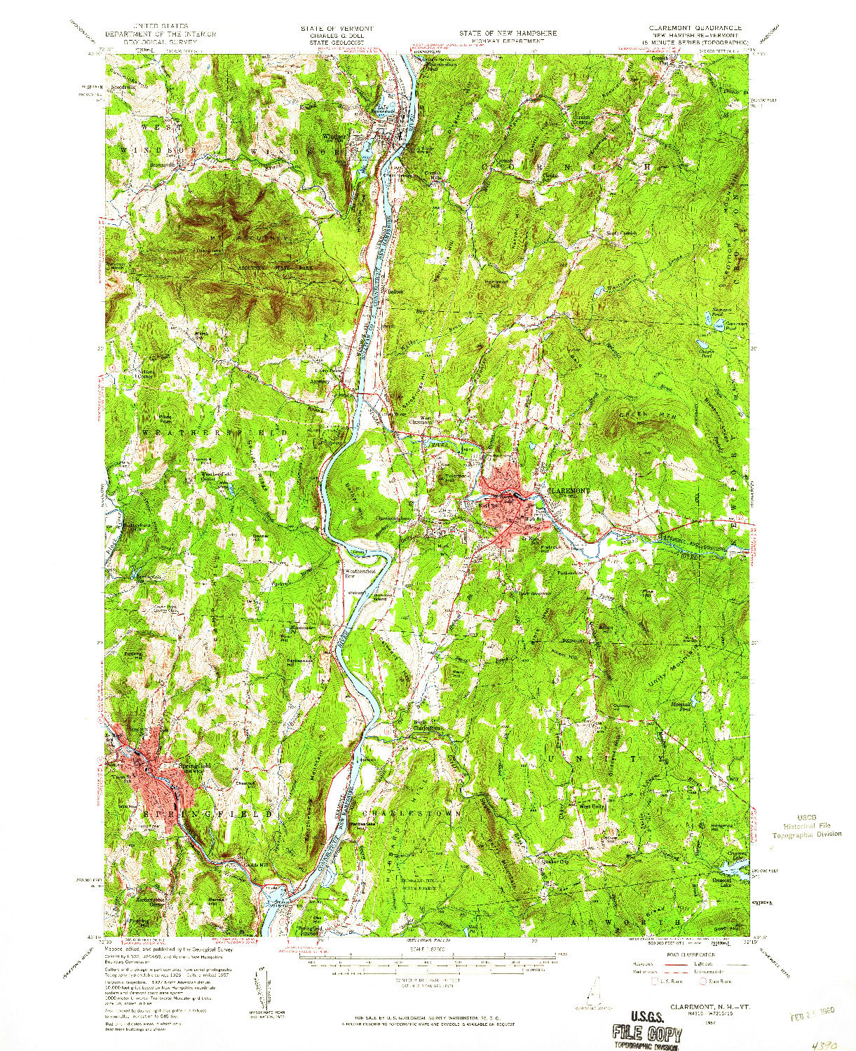 USGS 1:62500-SCALE QUADRANGLE FOR CLAREMONT, NH 1957