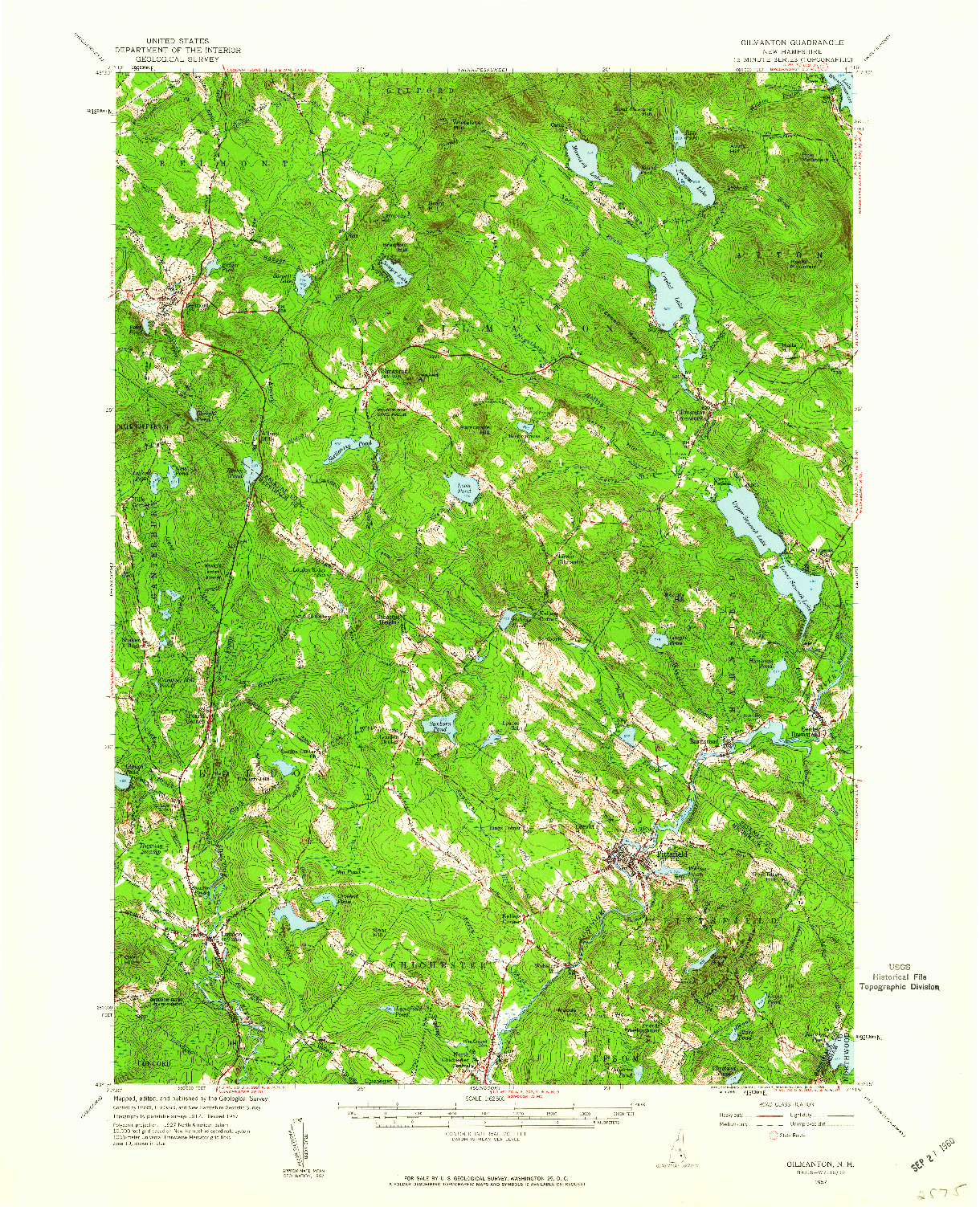 USGS 1:62500-SCALE QUADRANGLE FOR GILMANTON, NH 1957