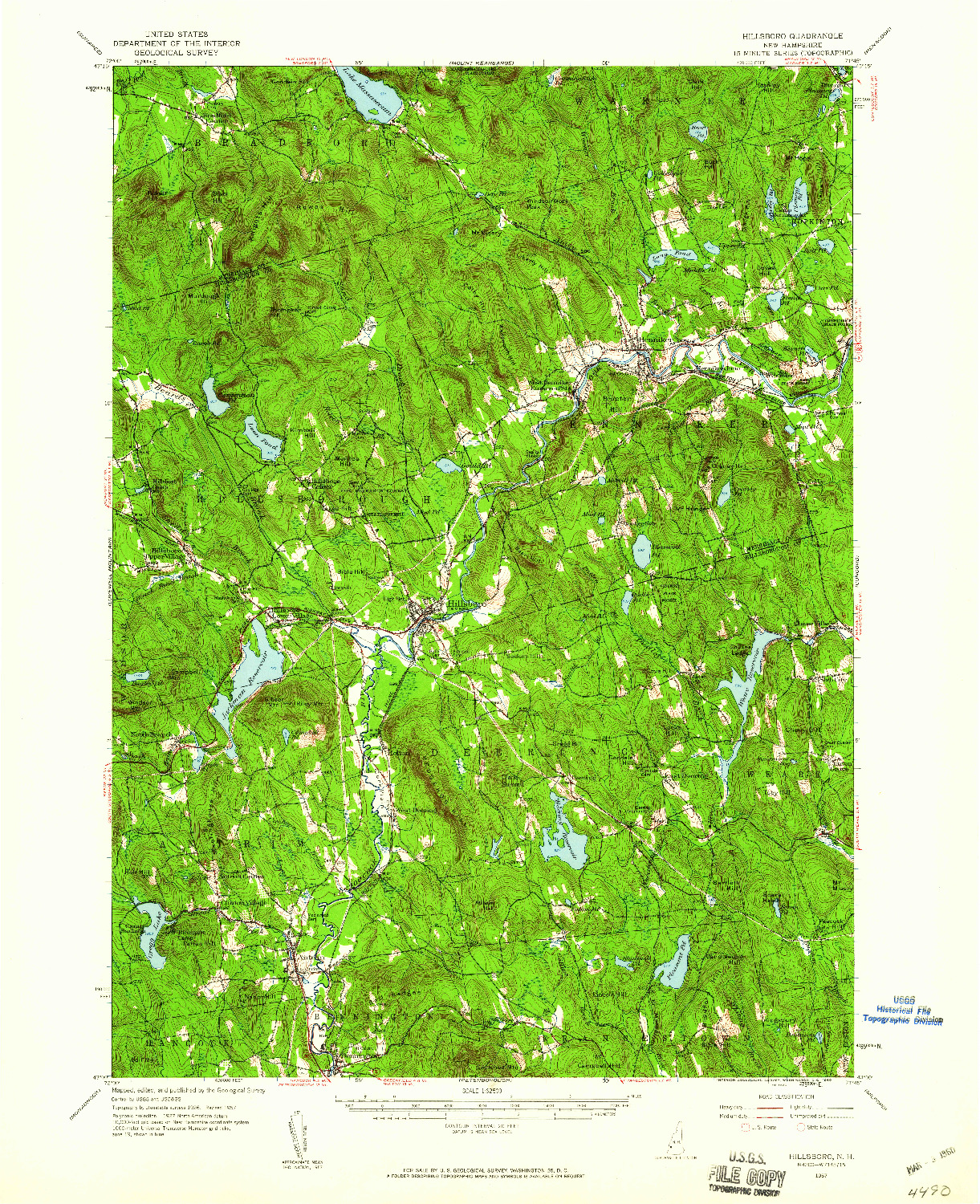 USGS 1:62500-SCALE QUADRANGLE FOR HILLSBORO, NH 1957