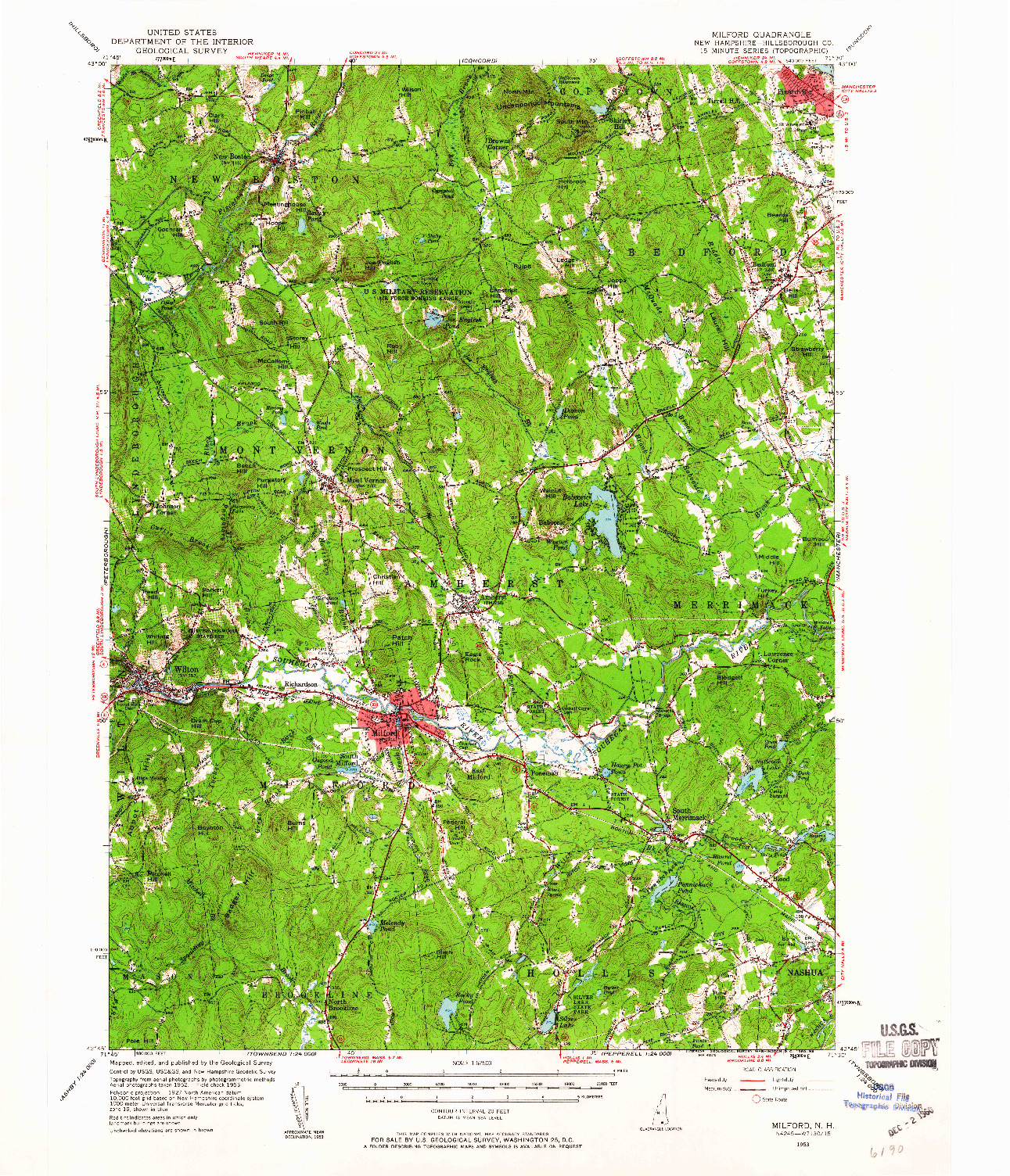 USGS 1:62500-SCALE QUADRANGLE FOR MILFORD, NH 1953
