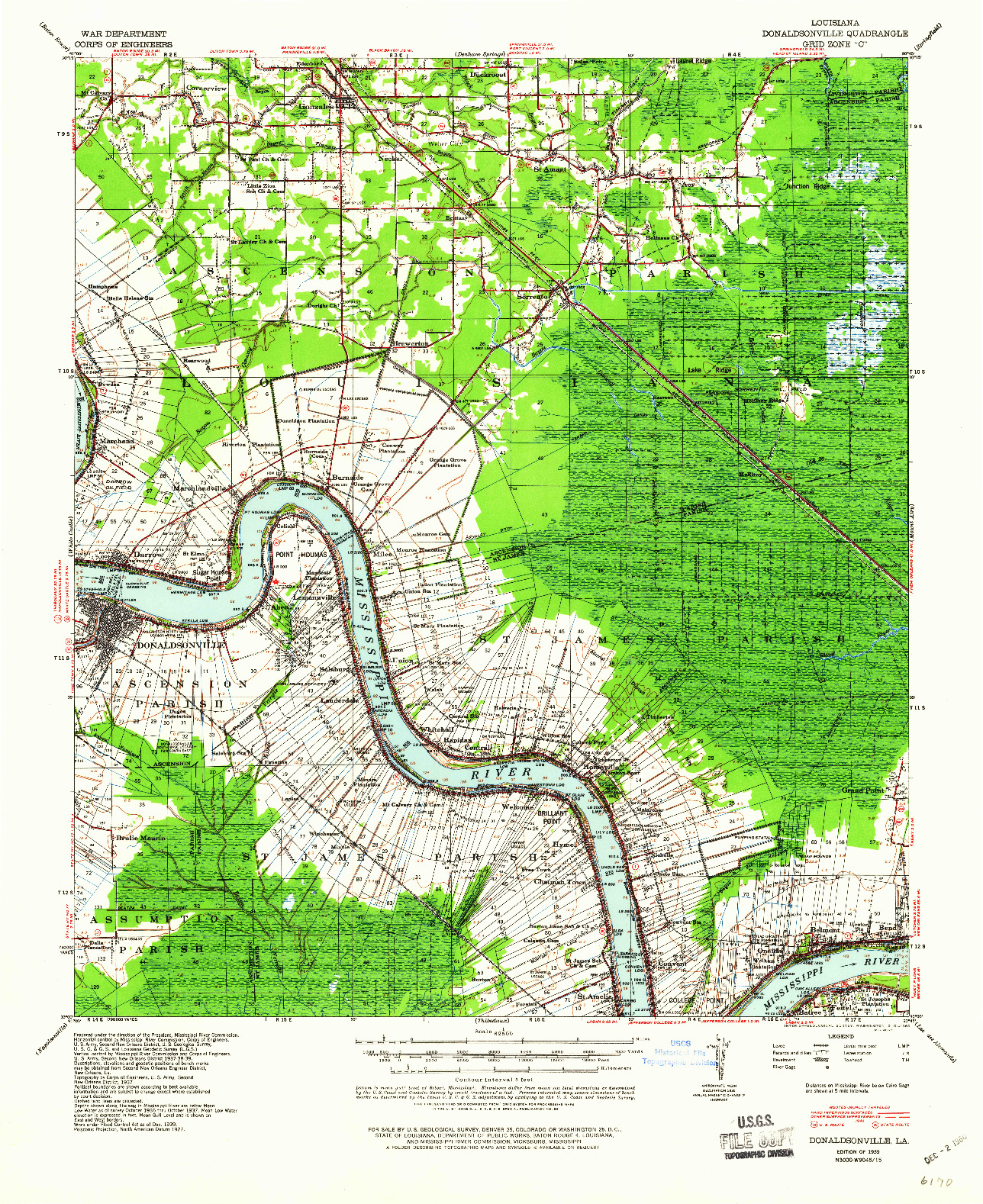 USGS 1:62500-SCALE QUADRANGLE FOR DONALDSONVILLE, LA 1939