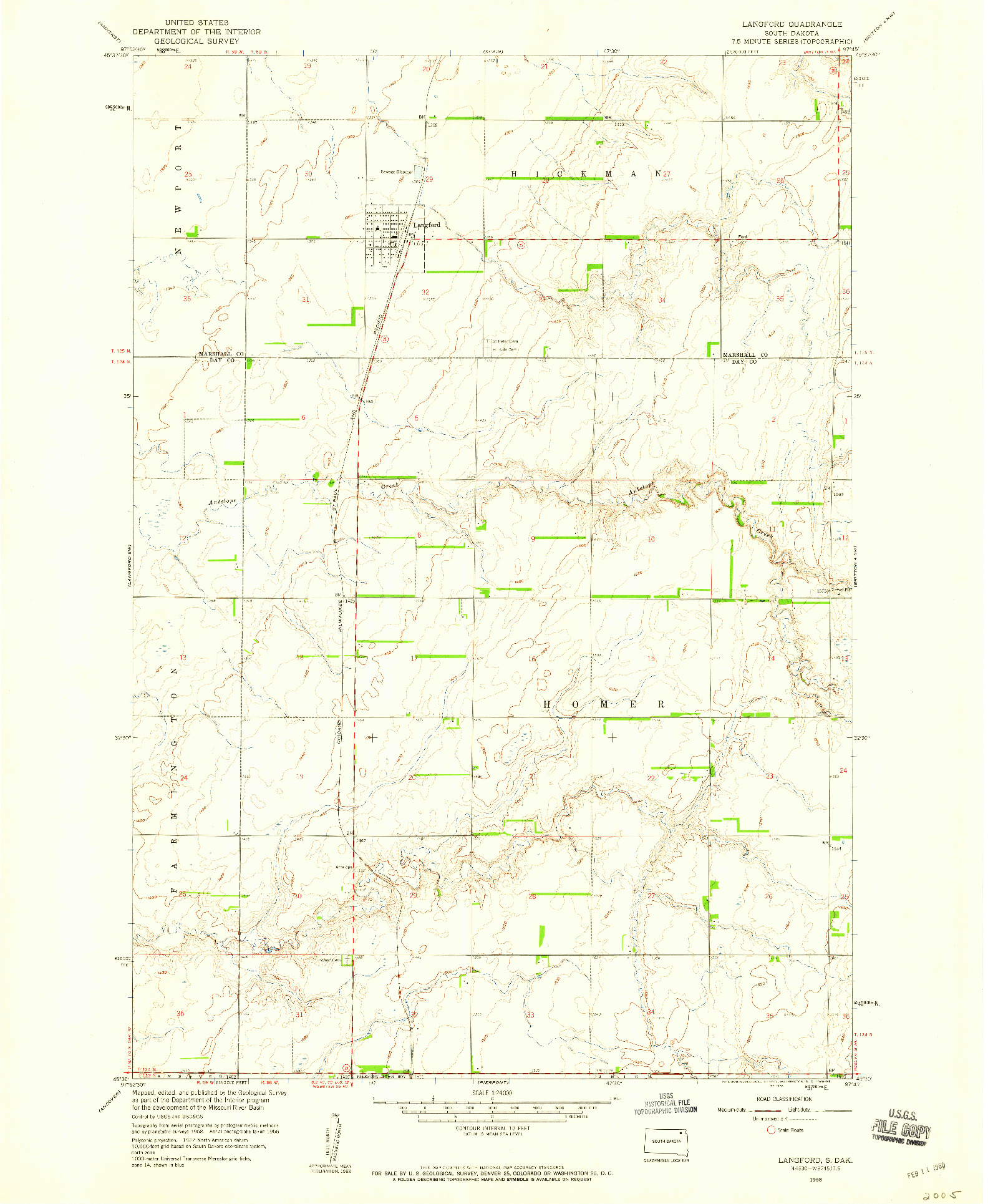 USGS 1:24000-SCALE QUADRANGLE FOR LANGFORD, SD 1958