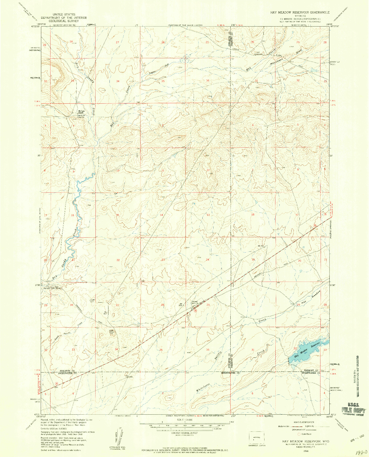 USGS 1:24000-SCALE QUADRANGLE FOR HAY MEADOW RESERVOIR, WY 1958
