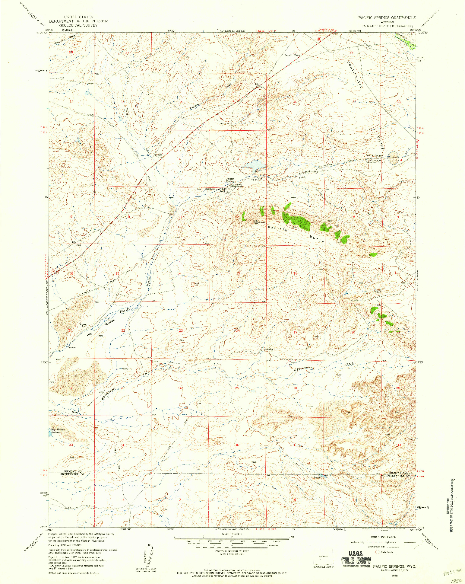 USGS 1:24000-SCALE QUADRANGLE FOR PACIFIC SPRINGS, WY 1958