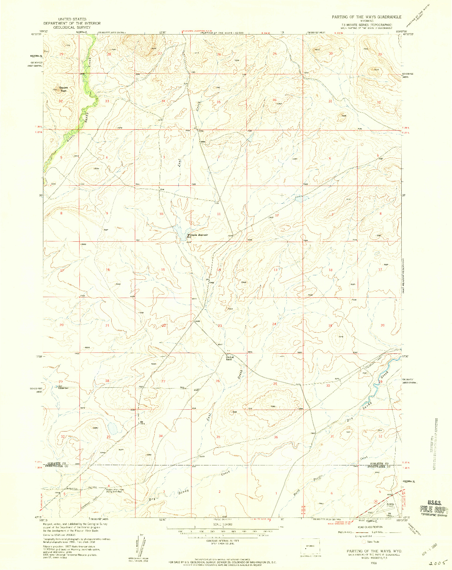 USGS 1:24000-SCALE QUADRANGLE FOR PARTING OF THE WAYS, WY 1958