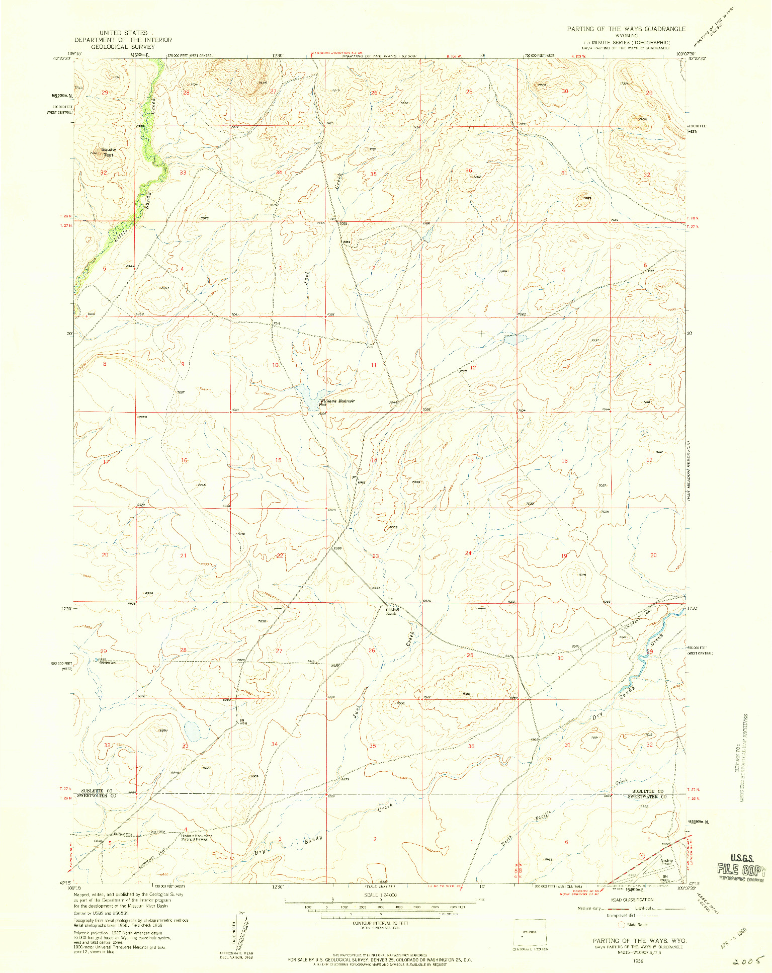 USGS 1:24000-SCALE QUADRANGLE FOR PARTING OF THE WAYS, WY 1958