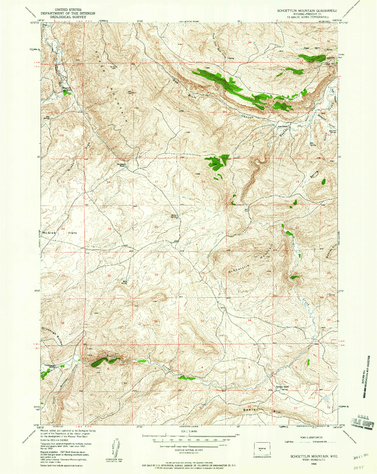 USGS 1:24000-SCALE QUADRANGLE FOR SCHOETTLIN MOUNTAIN, WY 1958