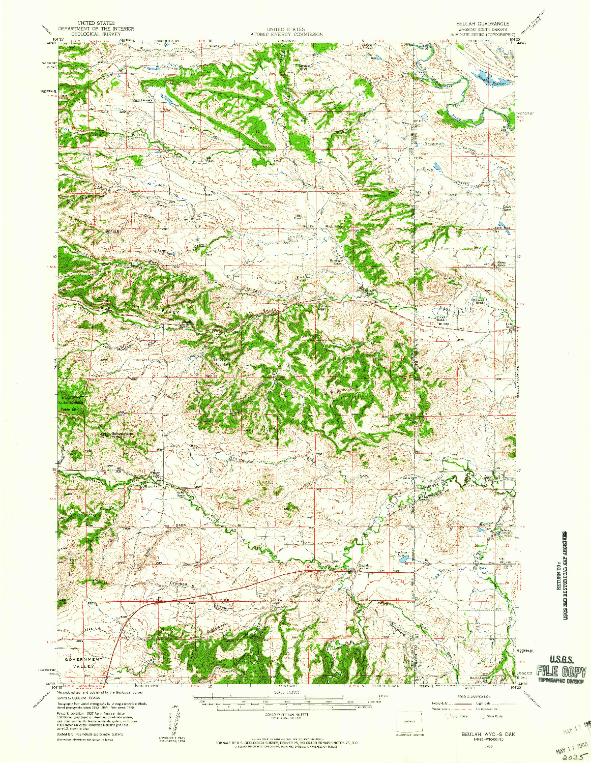 USGS 1:62500-SCALE QUADRANGLE FOR BEULAH, WY 1958