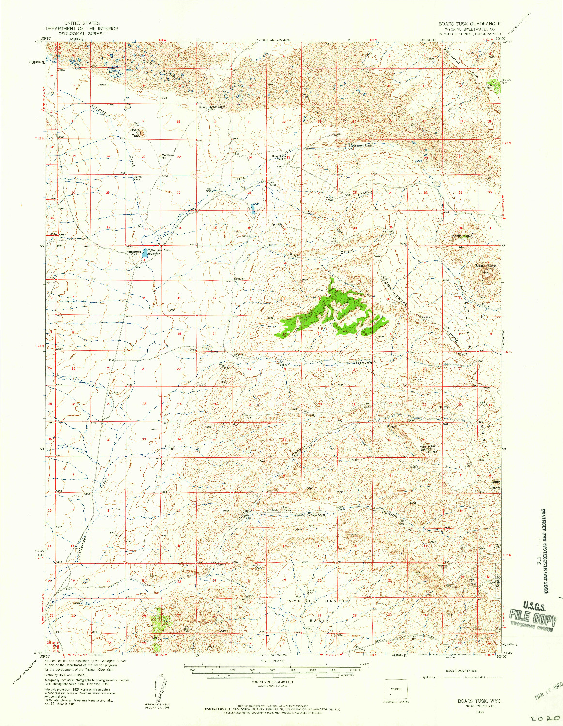 USGS 1:62500-SCALE QUADRANGLE FOR BOARS TUSK, WY 1958