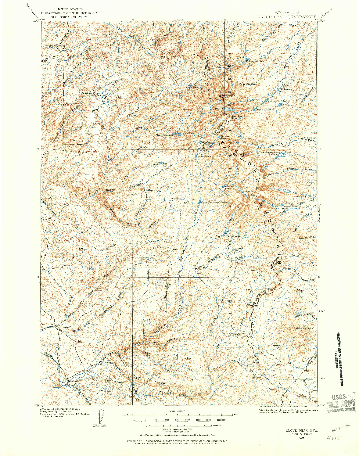 USGS 1:125000-SCALE QUADRANGLE FOR CLOUD PEAK, WY 1899