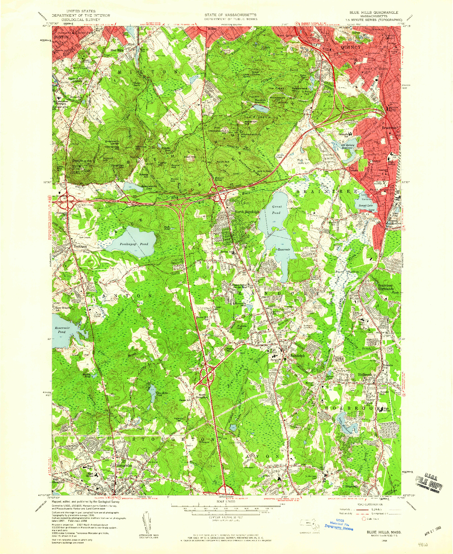 USGS 1:24000-SCALE QUADRANGLE FOR BLUE HILLS, MA 1958