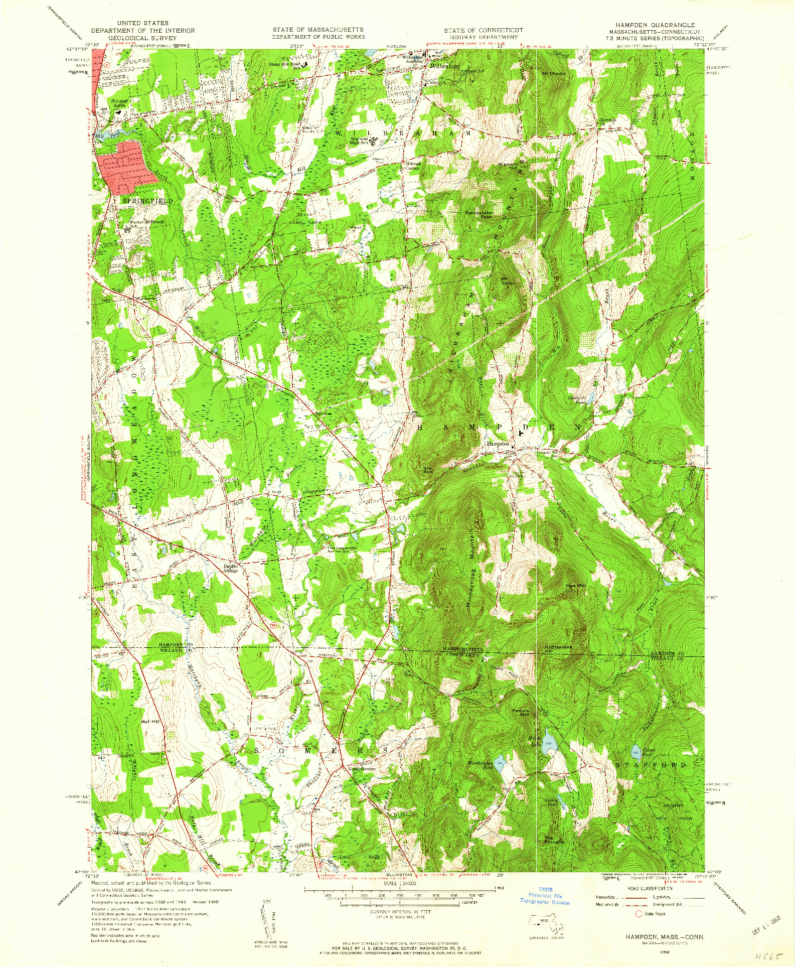 USGS 1:24000-SCALE QUADRANGLE FOR HAMPDEN, MA 1958