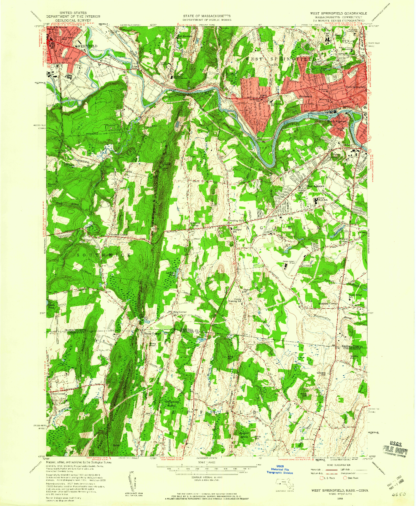 USGS 1:24000-SCALE QUADRANGLE FOR WEST SPRINGFIELD, MA 1958