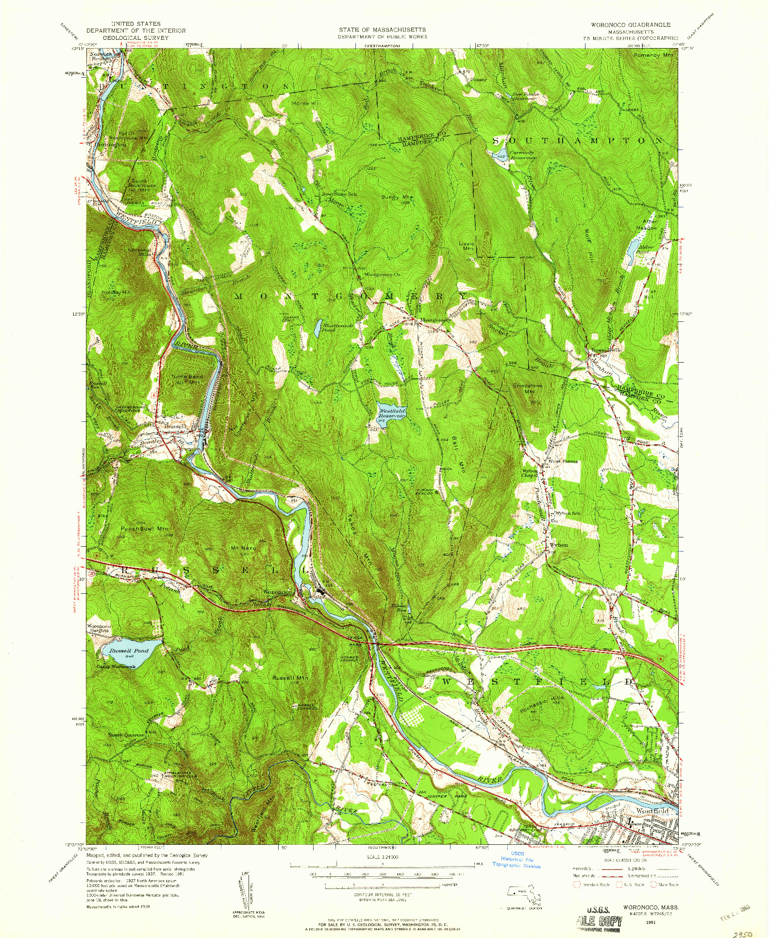 USGS 1:24000-SCALE QUADRANGLE FOR WORONOCO, MA 1951