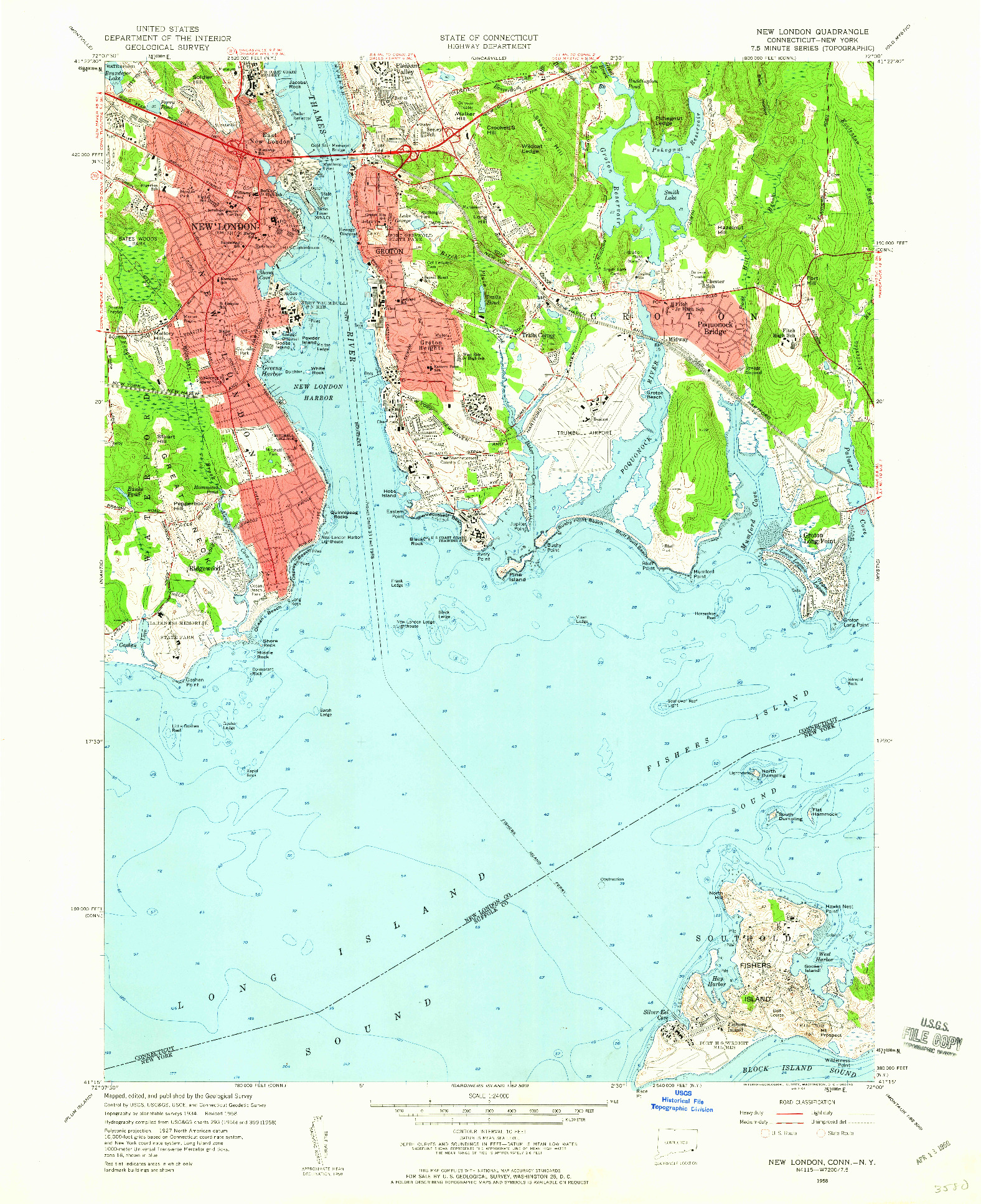 USGS 1:24000-SCALE QUADRANGLE FOR NEW LONDON, CT 1958
