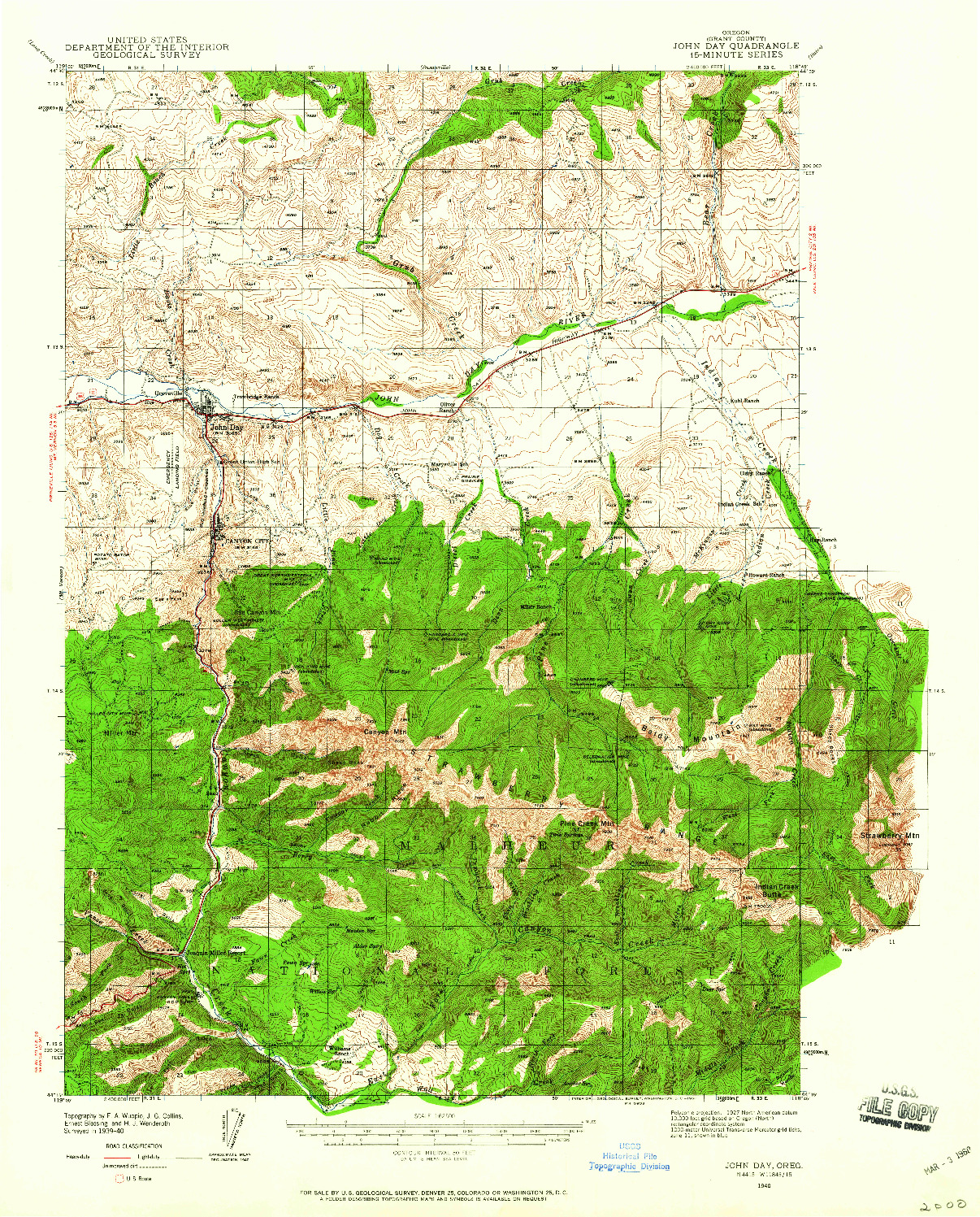 USGS 1:62500-SCALE QUADRANGLE FOR JOHN DAY, OR 1940