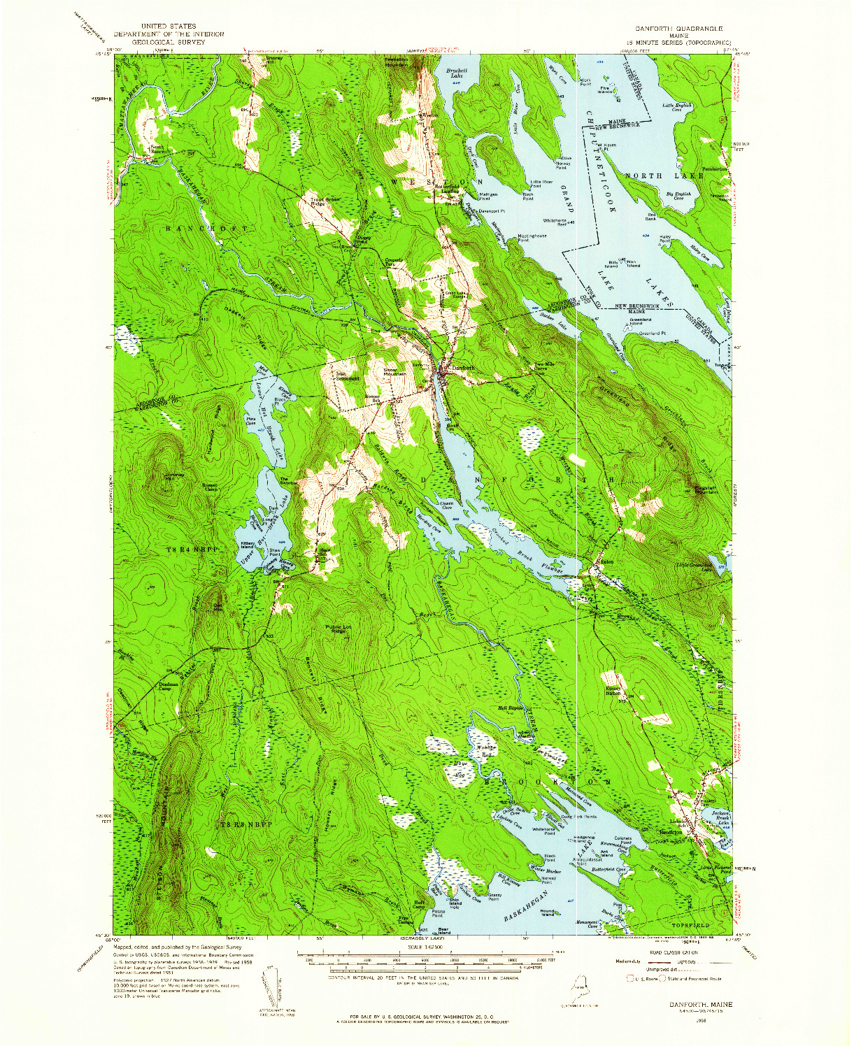 USGS 1:62500-SCALE QUADRANGLE FOR DANFORTH, ME 1958