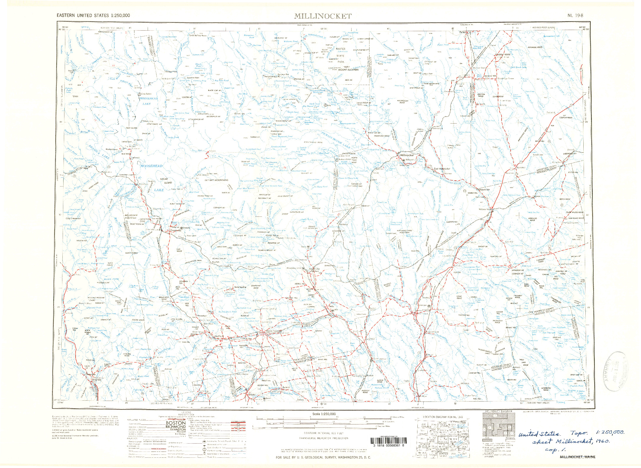 USGS 1:250000-SCALE QUADRANGLE FOR MILLINOCKET, ME 1960