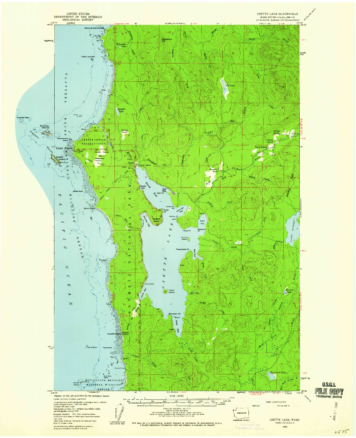 USGS 1:62500-SCALE QUADRANGLE FOR OZETTE LAKE, WA 1956
