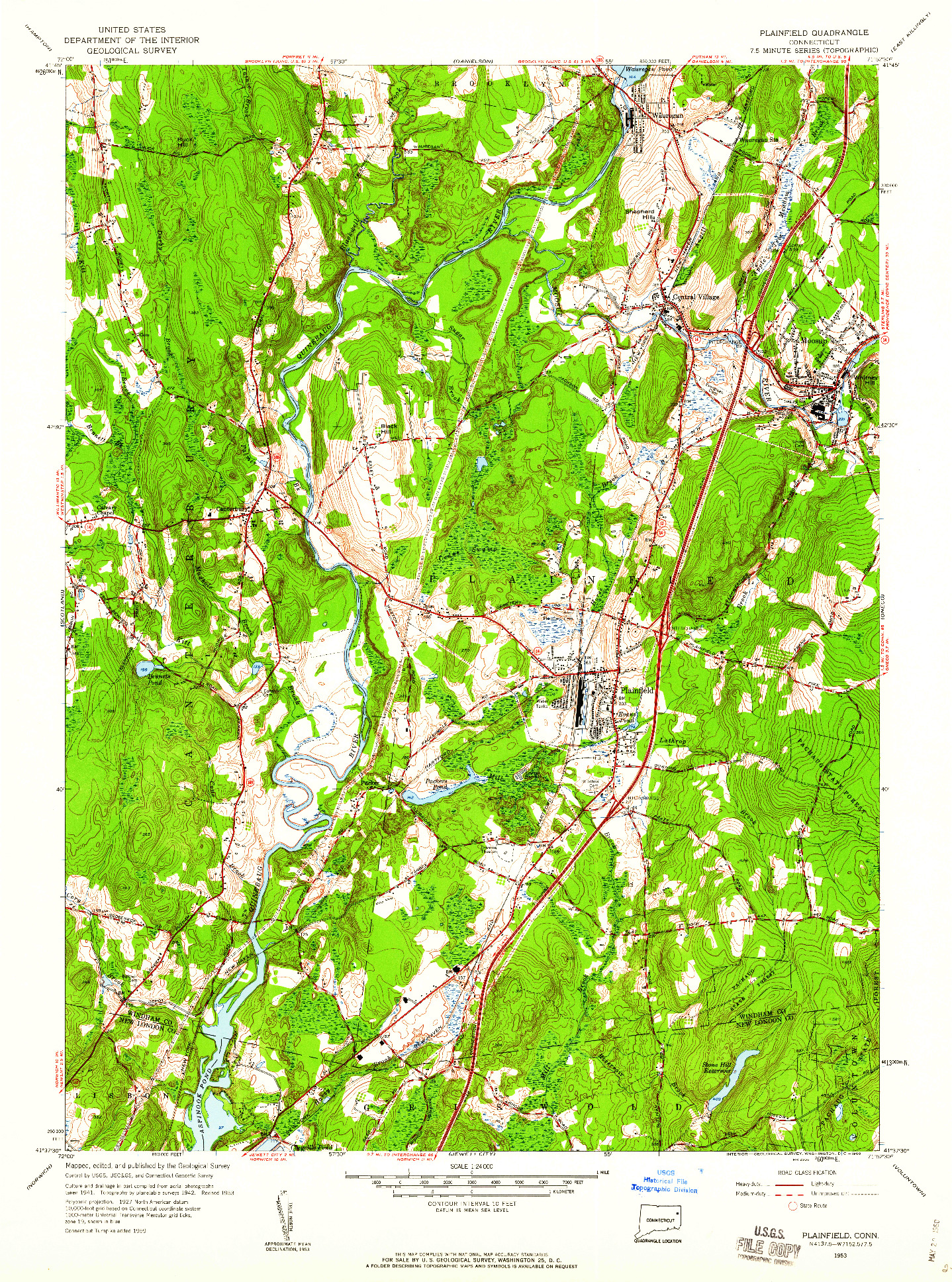 USGS 1:24000-SCALE QUADRANGLE FOR PLAINFIELD, CT 1953