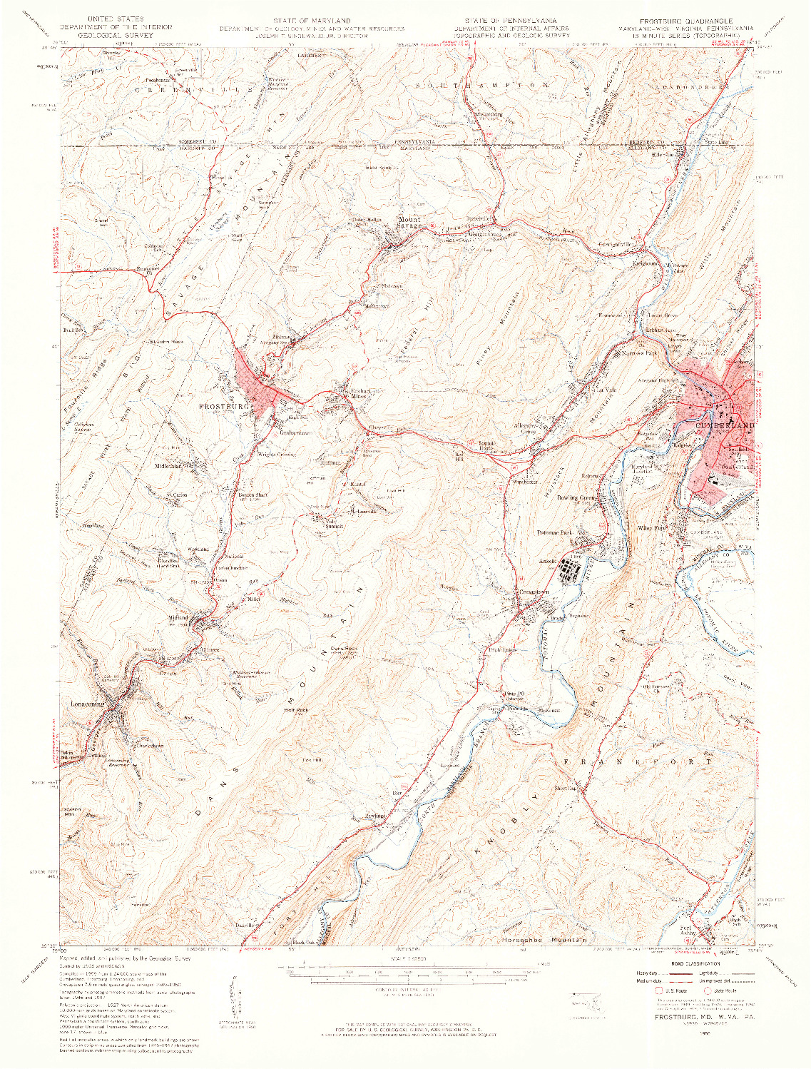 USGS 1:62500-SCALE QUADRANGLE FOR FROSTBURG, MD 1950