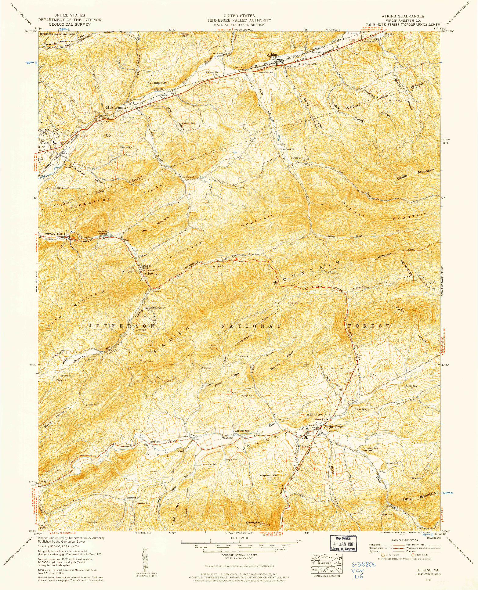 USGS 1:24000-SCALE QUADRANGLE FOR ATKINS, VA 1958