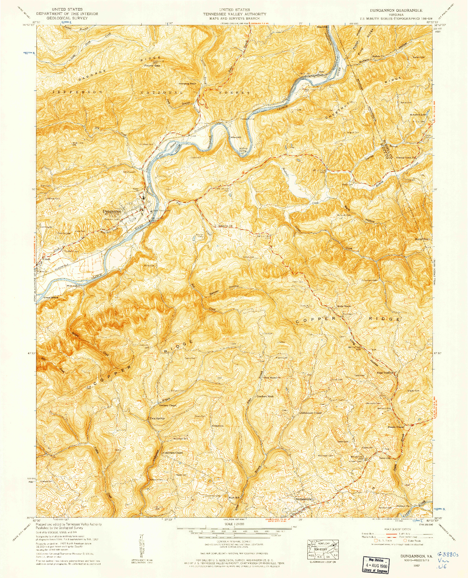 USGS 1:24000-SCALE QUADRANGLE FOR DUNGANNON, VA 1957