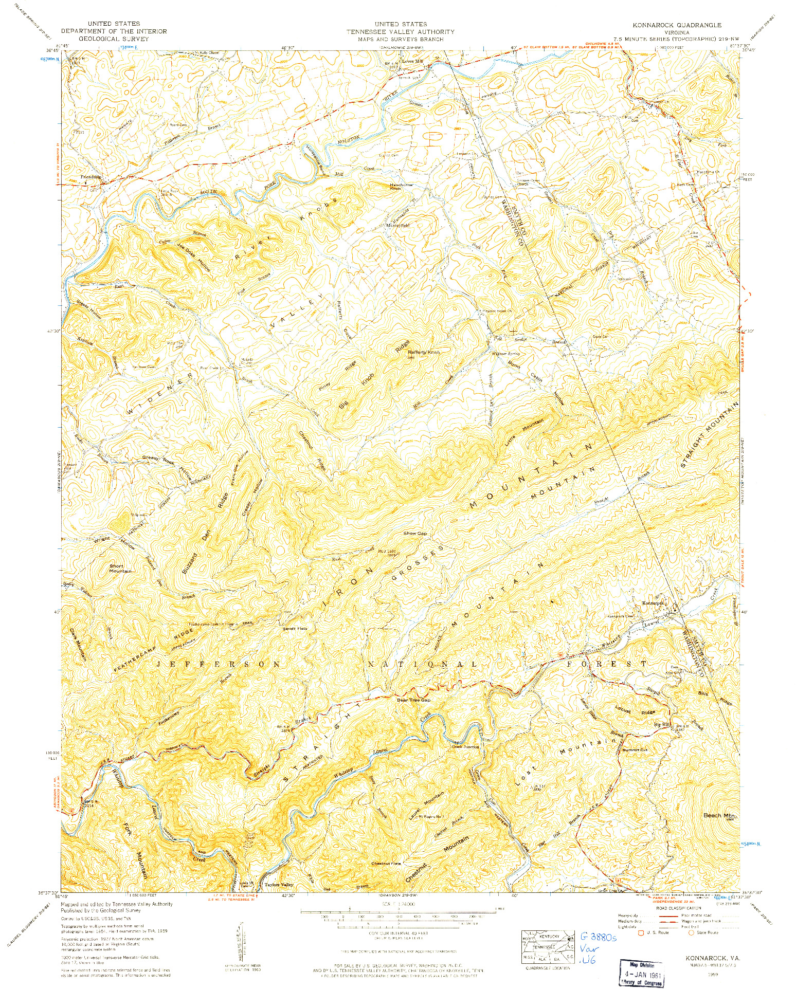 USGS 1:24000-SCALE QUADRANGLE FOR KONNAROCK, VA 1959