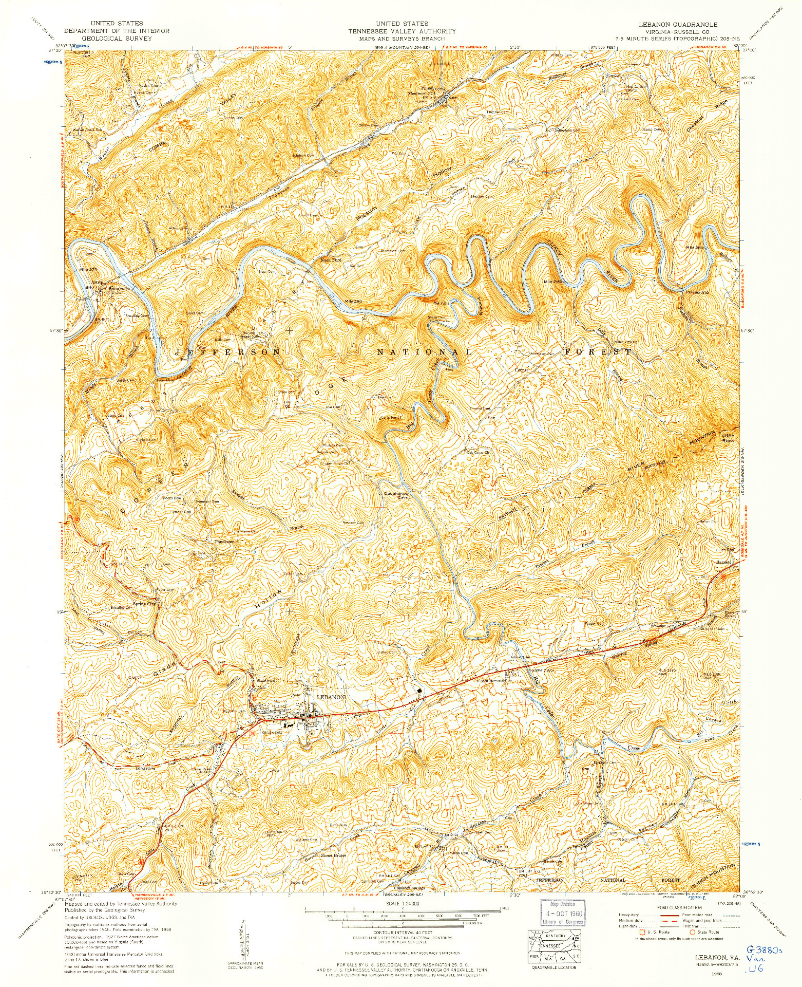 USGS 1:24000-SCALE QUADRANGLE FOR LEBANON, VA 1958