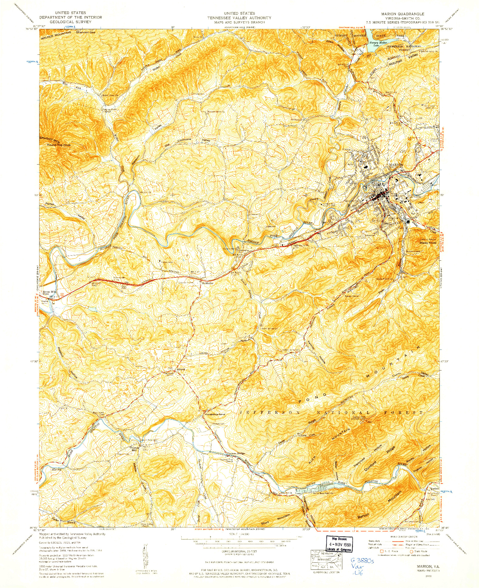 USGS 1:24000-SCALE QUADRANGLE FOR MARION, VA 1958