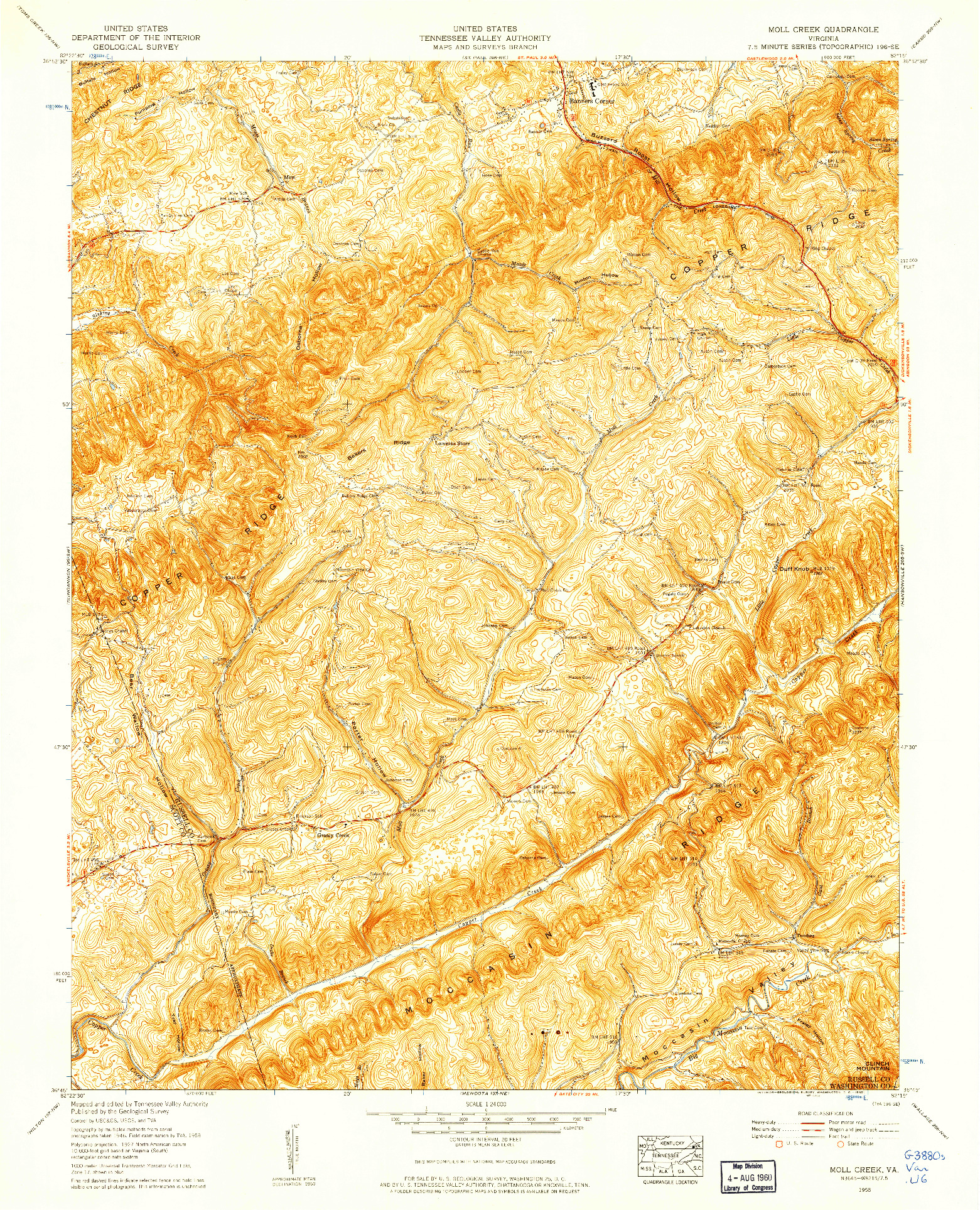 USGS 1:24000-SCALE QUADRANGLE FOR MOLL CREEK, VA 1958