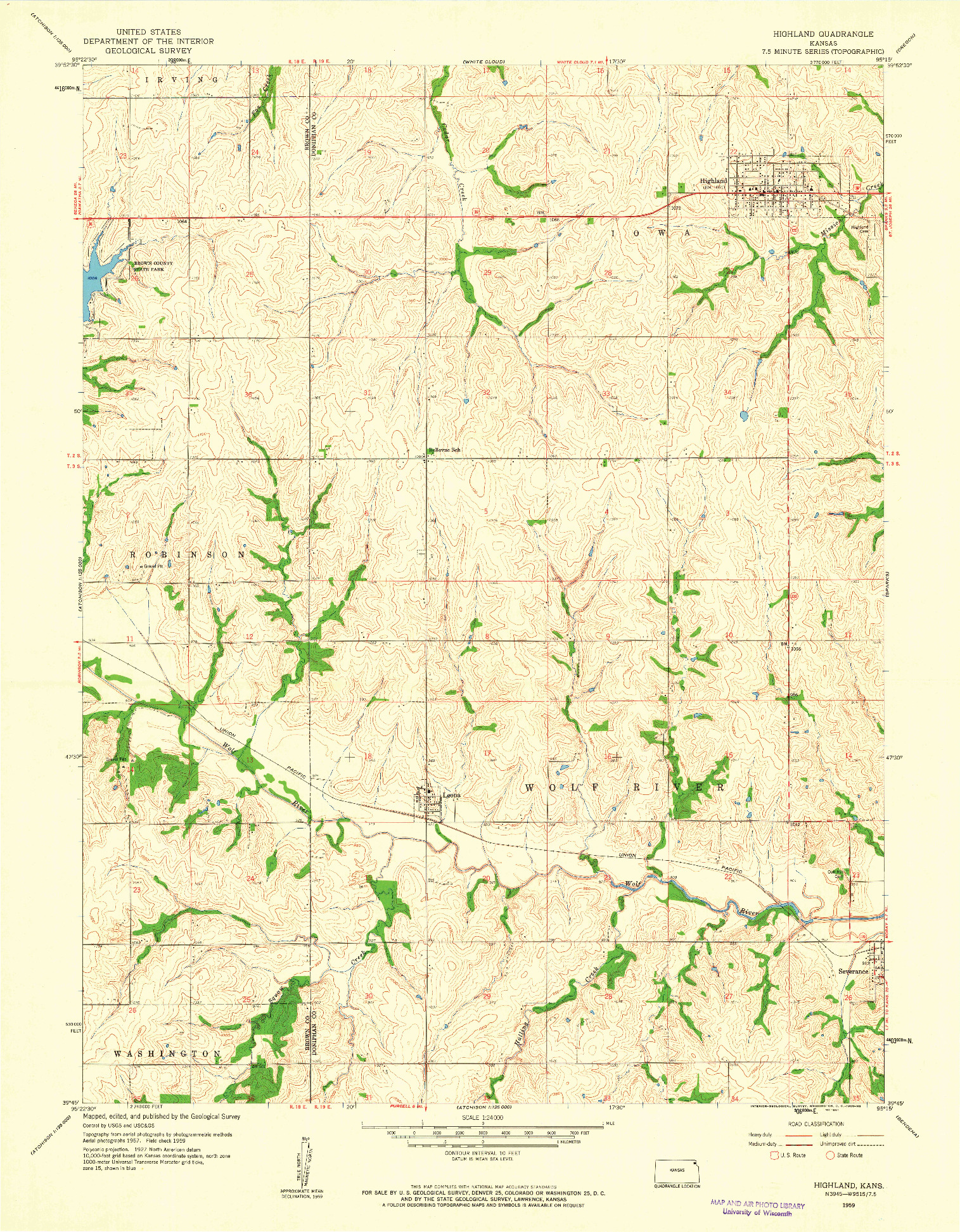USGS 1:24000-SCALE QUADRANGLE FOR HIGHLAND, KS 1959