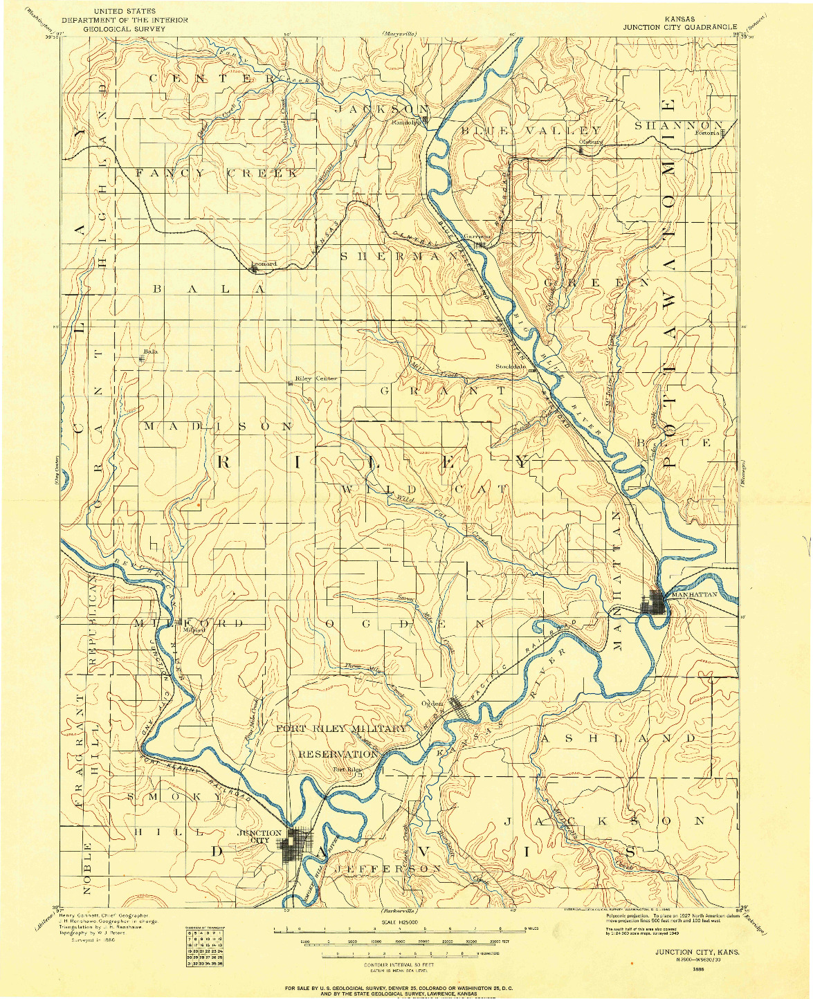 USGS 1:125000-SCALE QUADRANGLE FOR JUNCTION CITY, KS 1886