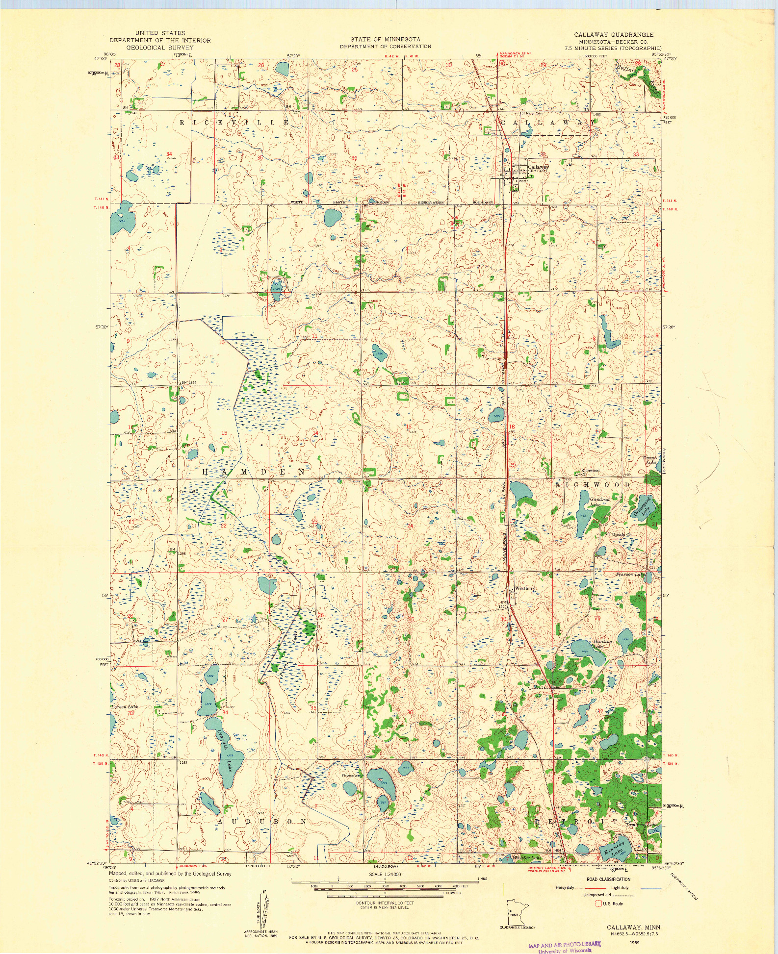 USGS 1:24000-SCALE QUADRANGLE FOR CALLAWAY, MN 1959