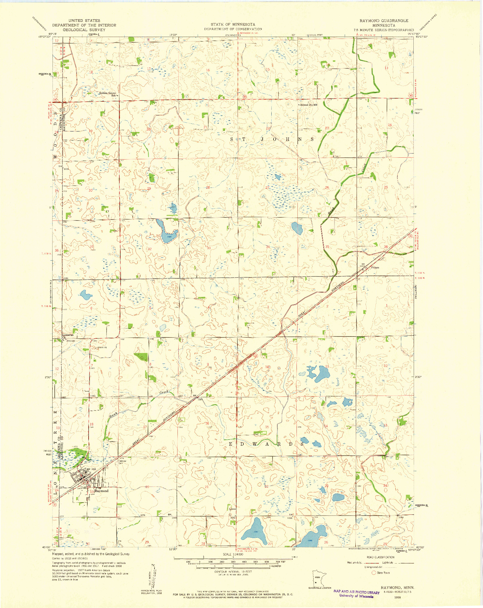 USGS 1:24000-SCALE QUADRANGLE FOR RAYMOND, MN 1958