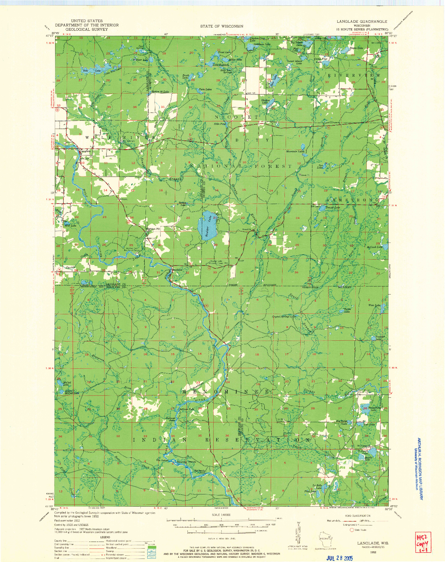 USGS 1:48000-SCALE QUADRANGLE FOR LANGLADE, WI 1952