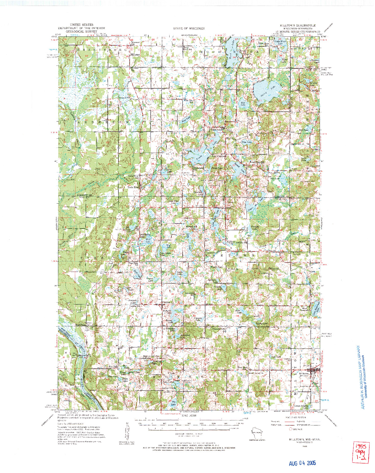 USGS 1:62500-SCALE QUADRANGLE FOR MILLTOWN, WI 1955