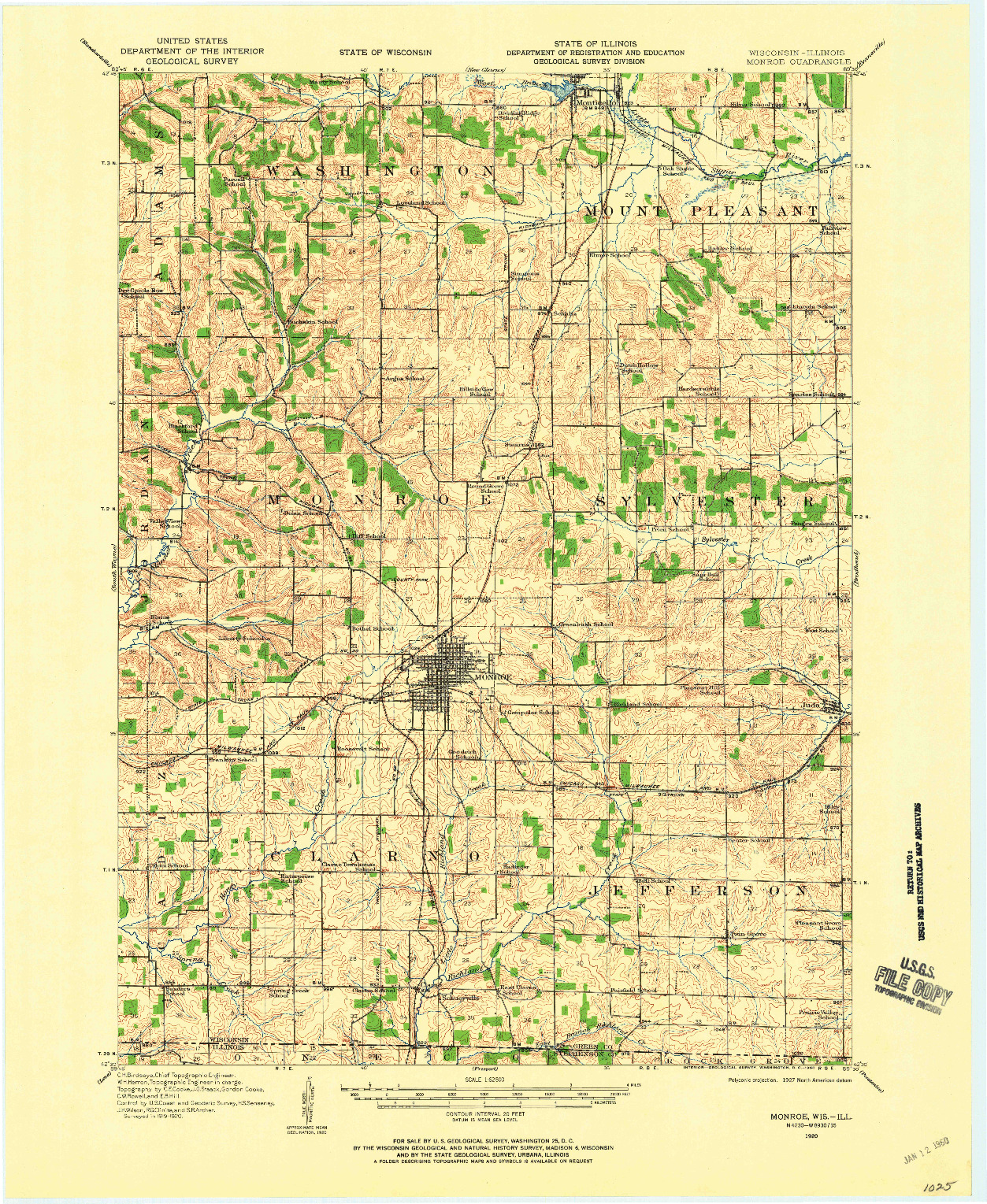 USGS 1:62500-SCALE QUADRANGLE FOR MONROE, WI 1920
