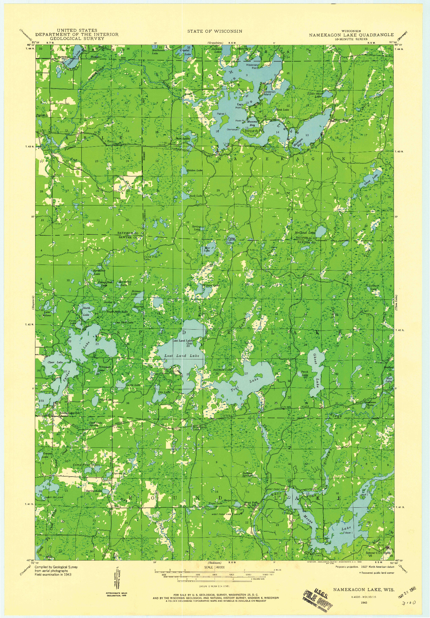 USGS 1:48000-SCALE QUADRANGLE FOR NAMEKAGON LAKE, WI 1943