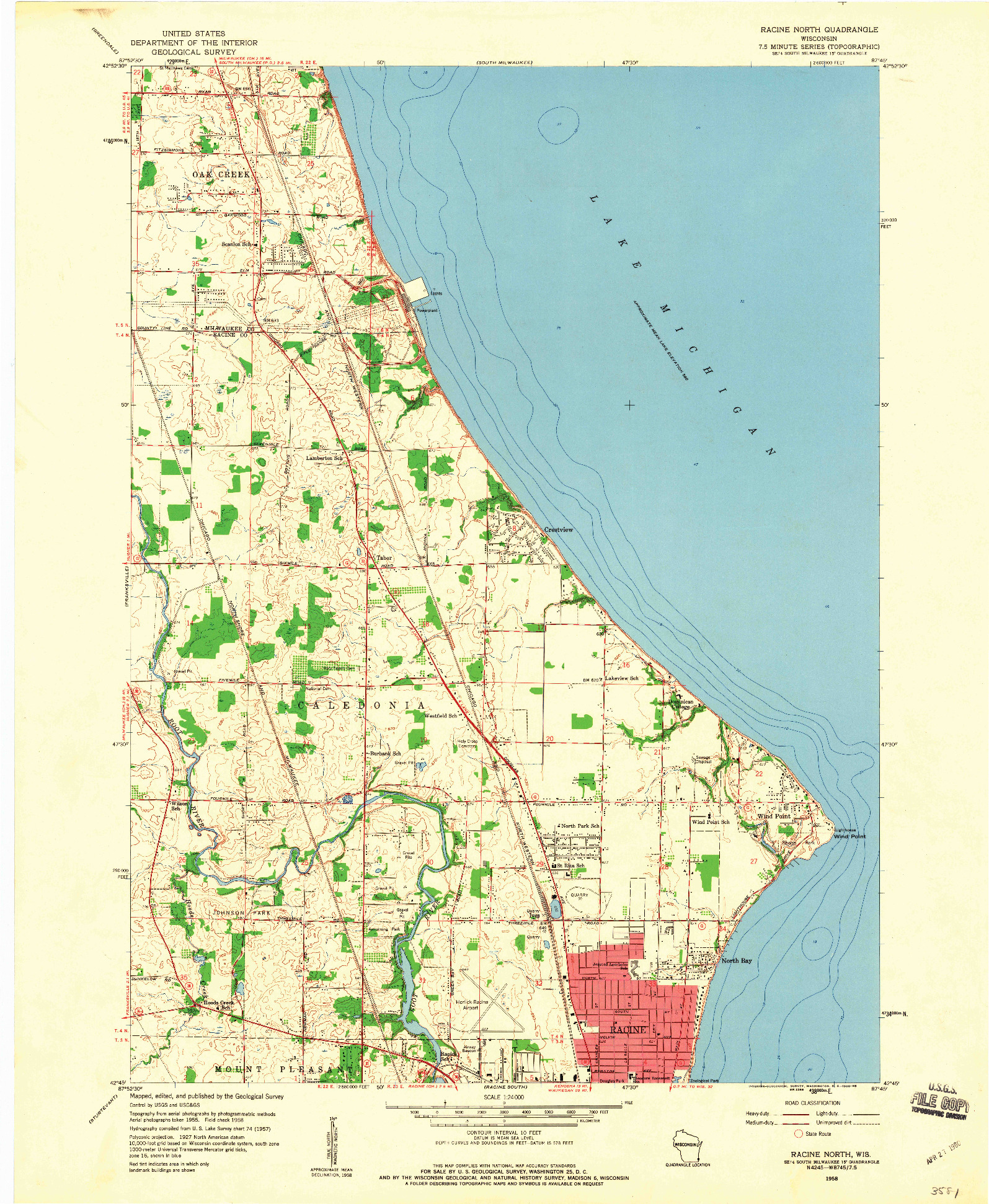 USGS 1:24000-SCALE QUADRANGLE FOR RACINE NORTH, WI 1958