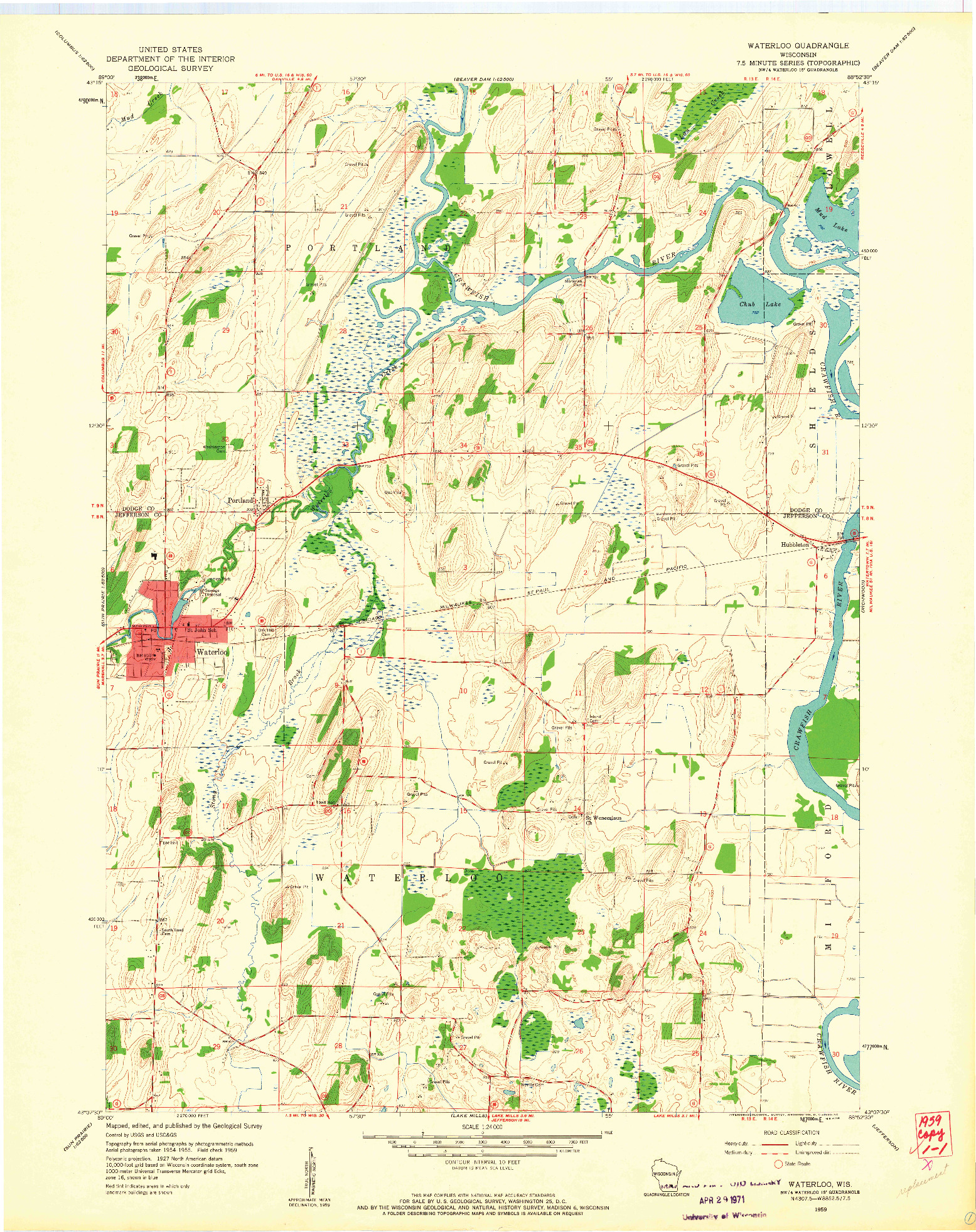 USGS 1:24000-SCALE QUADRANGLE FOR WATERLOO, WI 1959