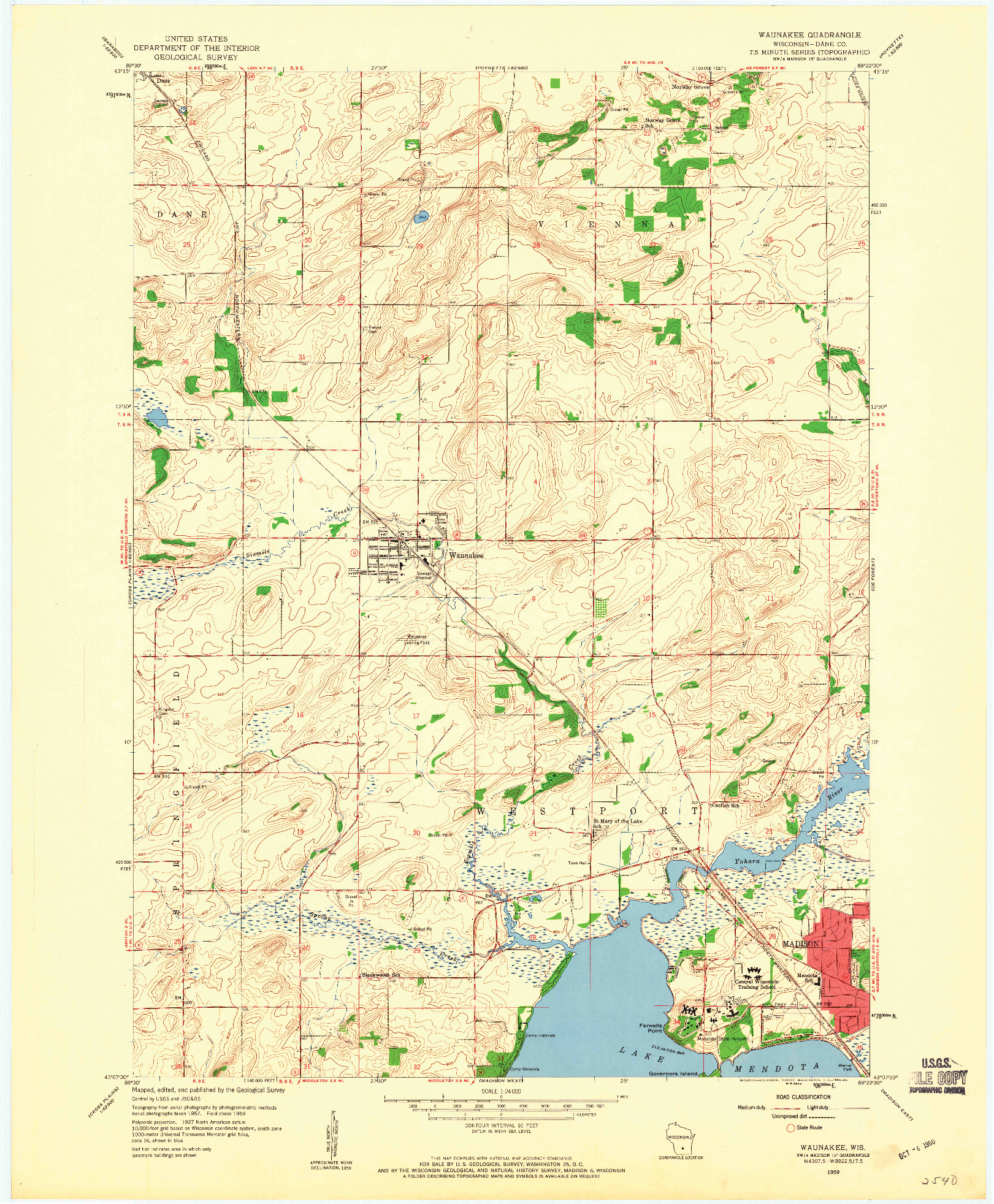 USGS 1:24000-SCALE QUADRANGLE FOR WAUNAKEE, WI 1959