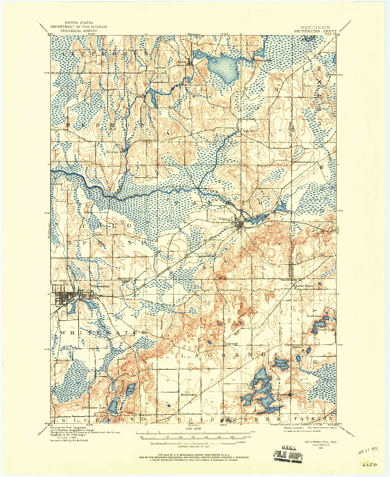 USGS 1:62500-SCALE QUADRANGLE FOR WHITEWATER, WI 1903