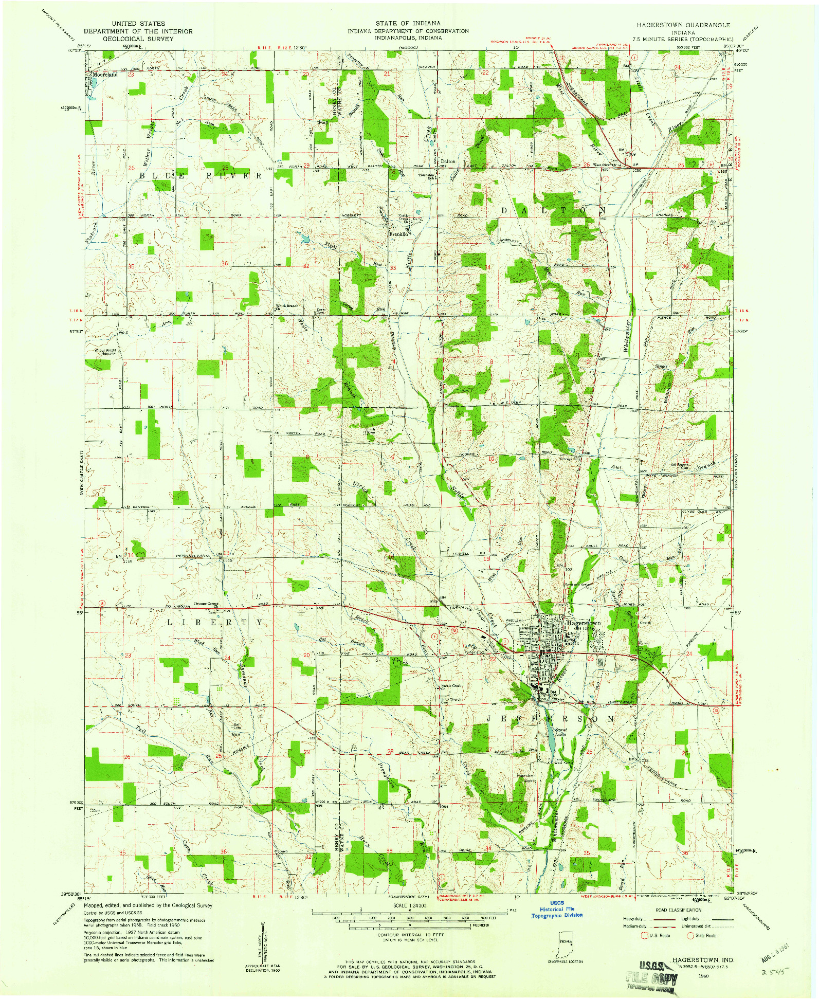 USGS 1:24000-SCALE QUADRANGLE FOR HAGERSTOWN, IN 1960