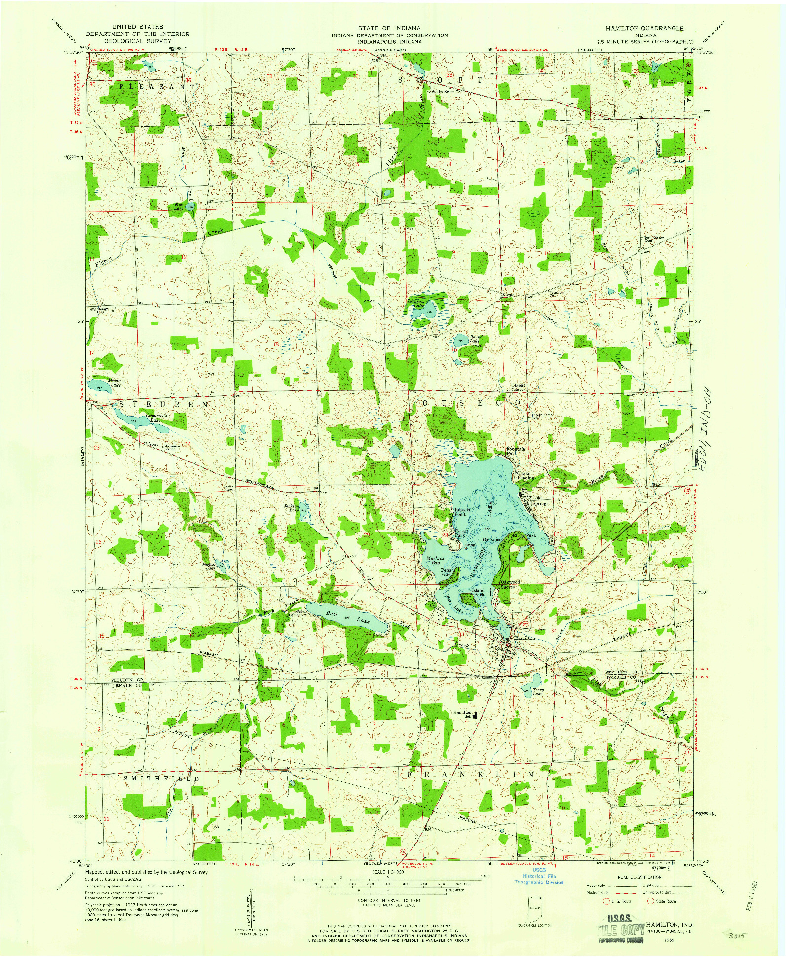 USGS 1:24000-SCALE QUADRANGLE FOR HAMILTON, IN 1959