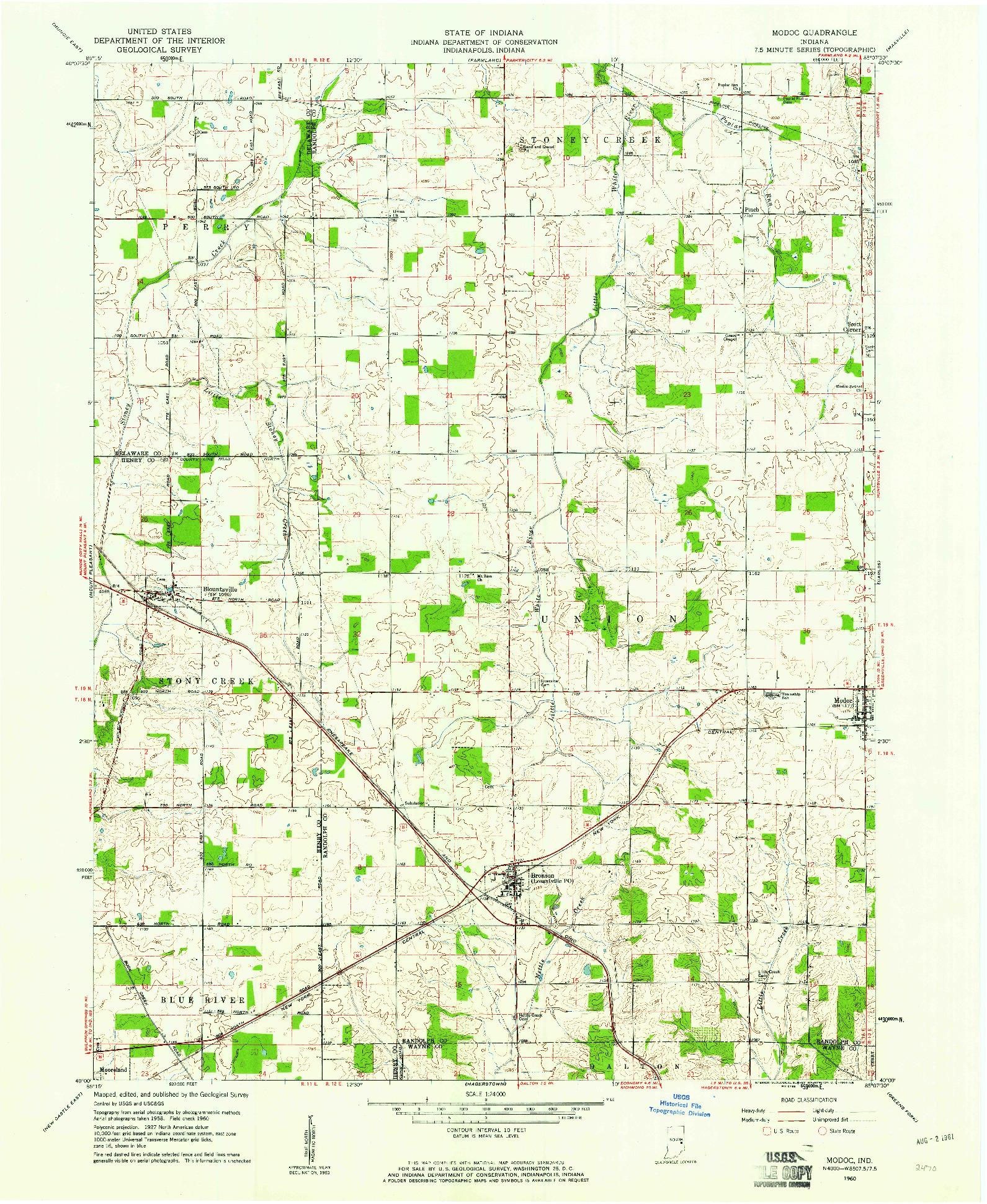 USGS 1:24000-SCALE QUADRANGLE FOR MODOC, IN 1960