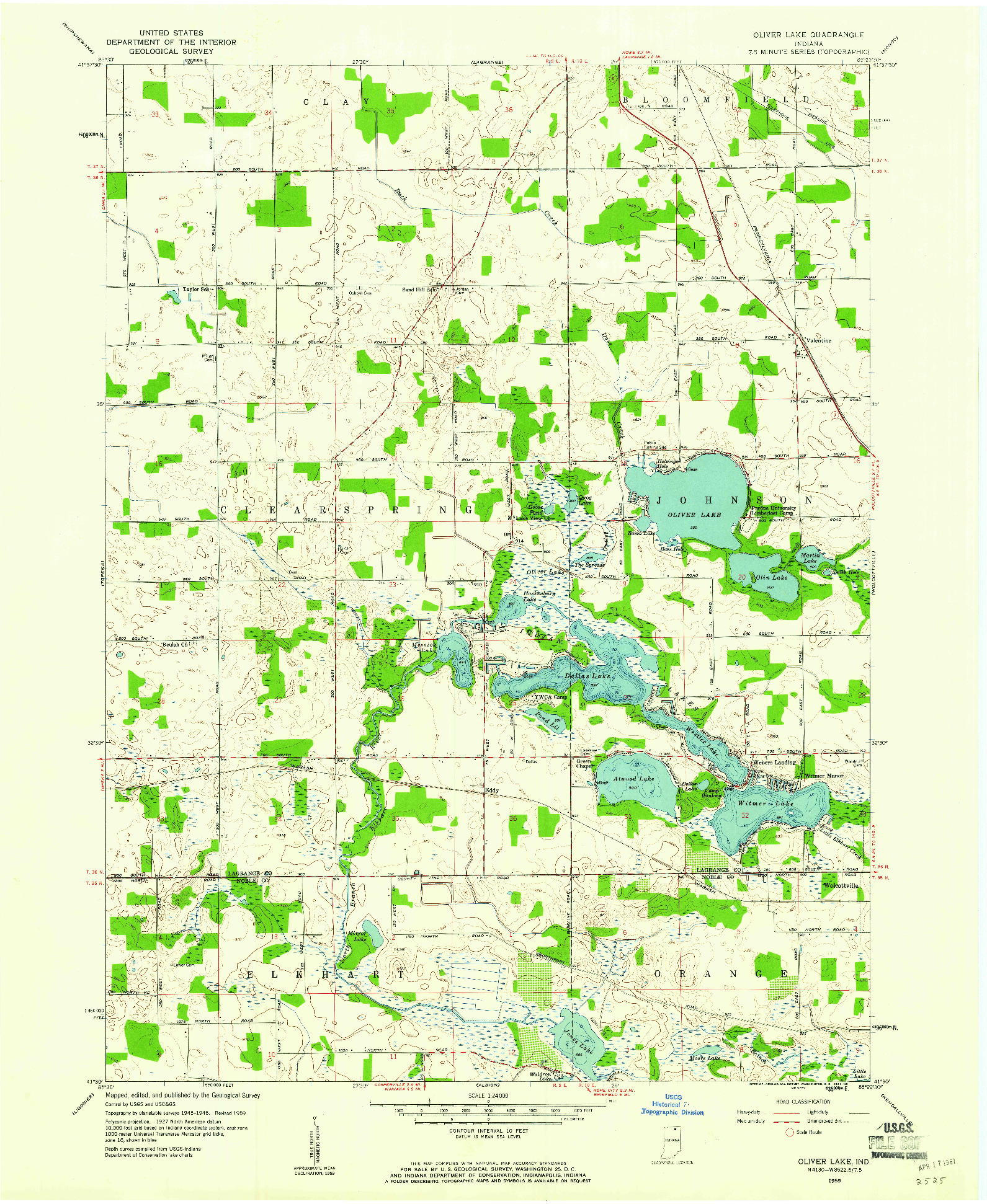 USGS 1:24000-SCALE QUADRANGLE FOR OLIVER LAKE, IN 1959