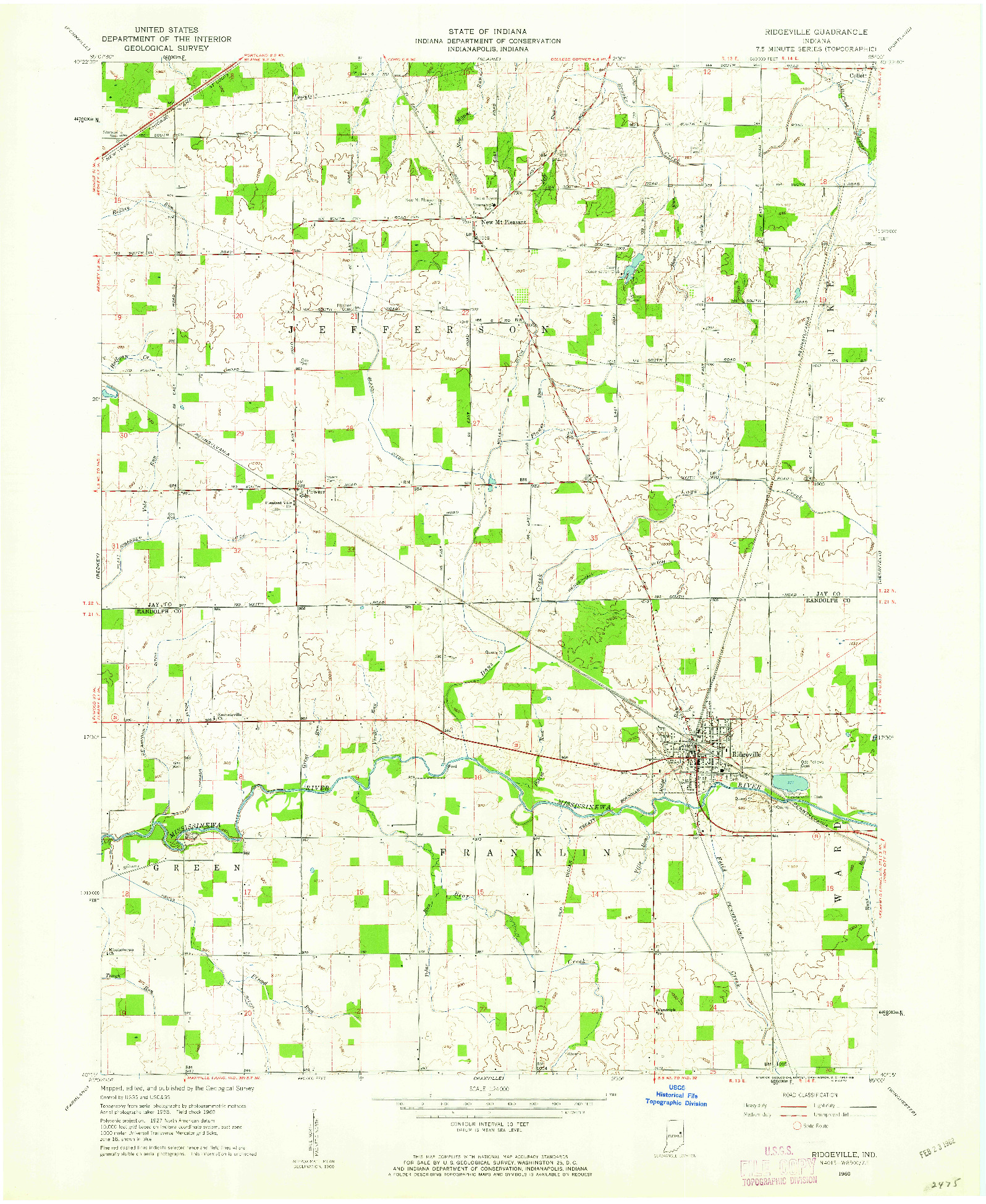 USGS 1:24000-SCALE QUADRANGLE FOR RIDGEVILLE, IN 1960